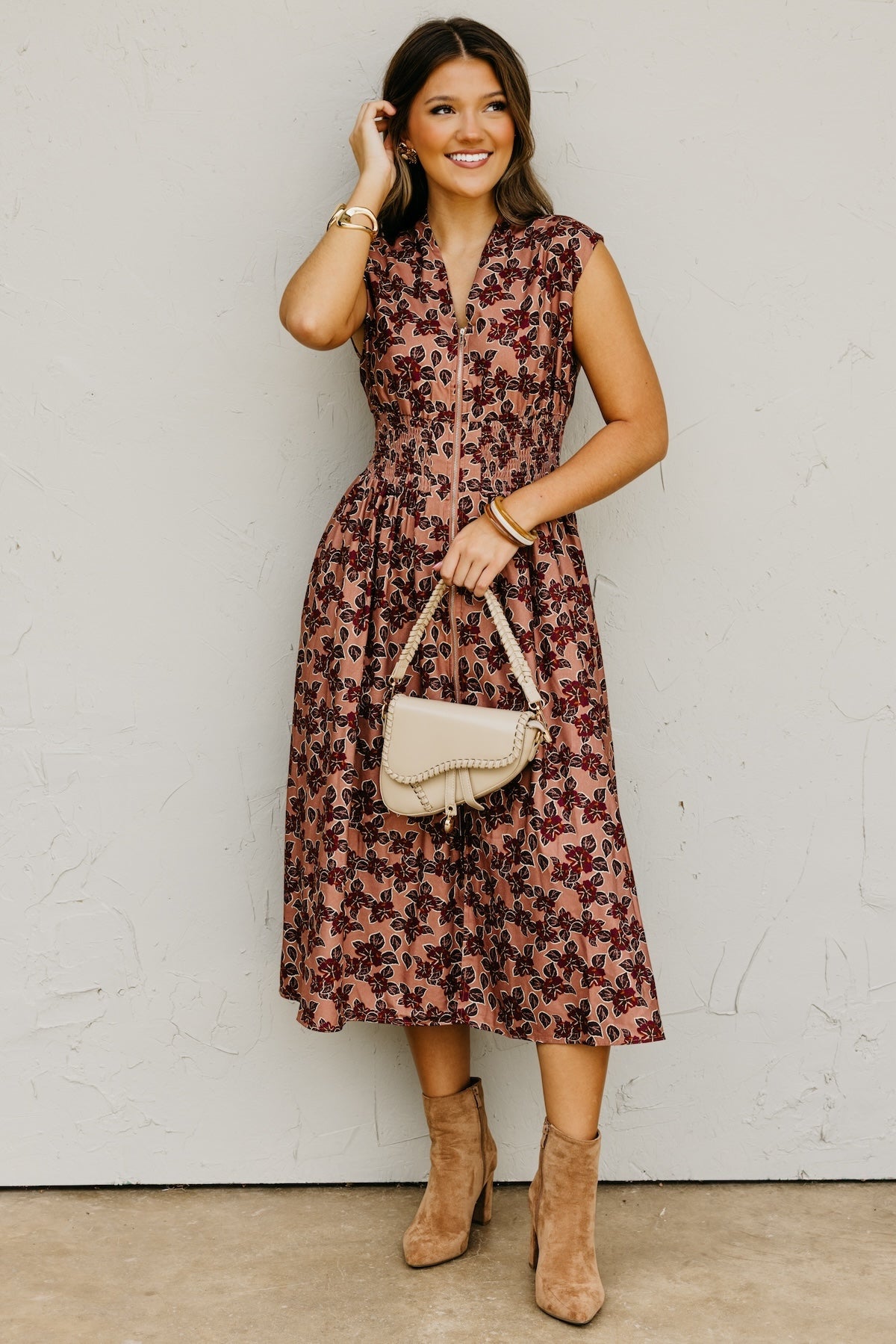 The Elora Floral Zip-Front Midi Dress