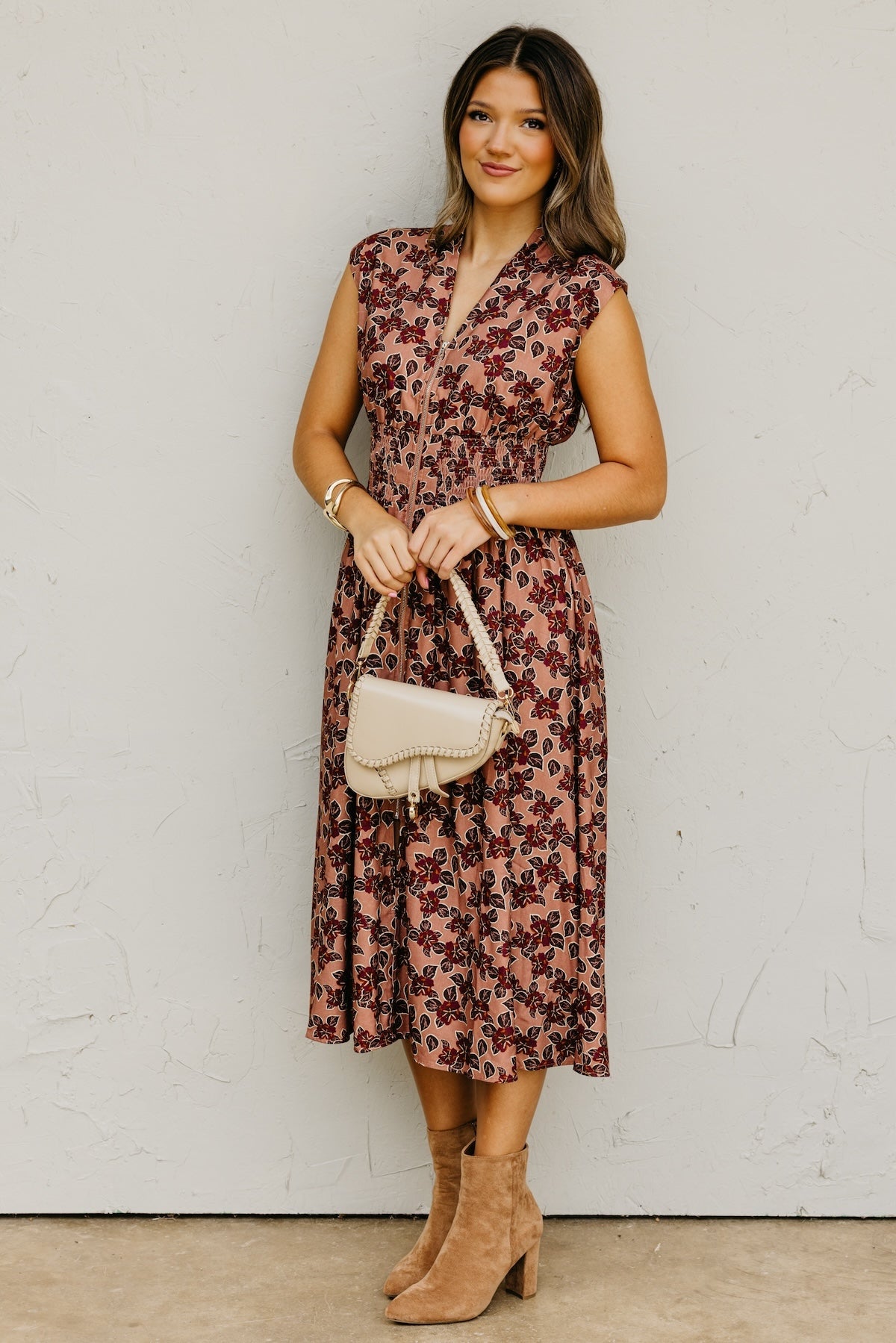 The Elora Floral Zip-Front Midi Dress
