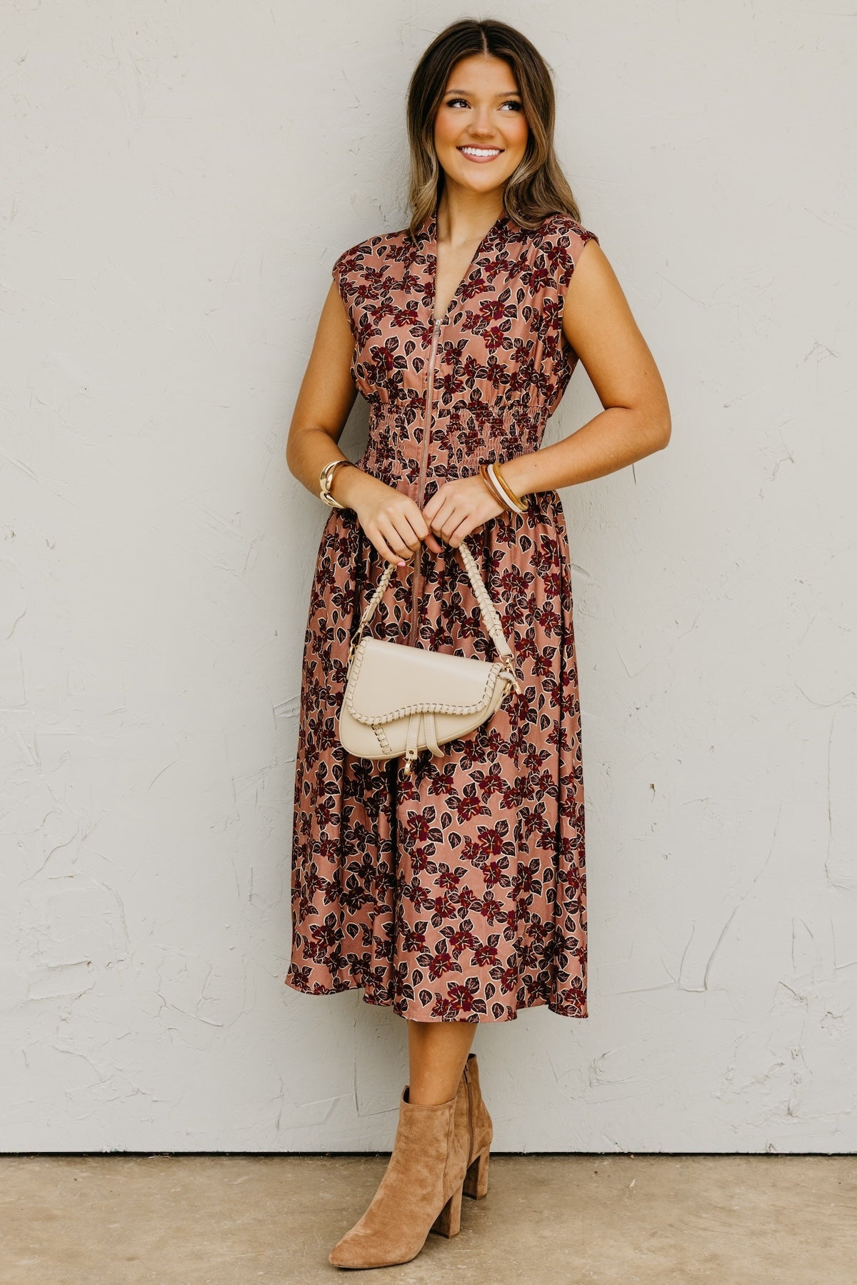 The Elora Floral Zip-Front Midi Dress