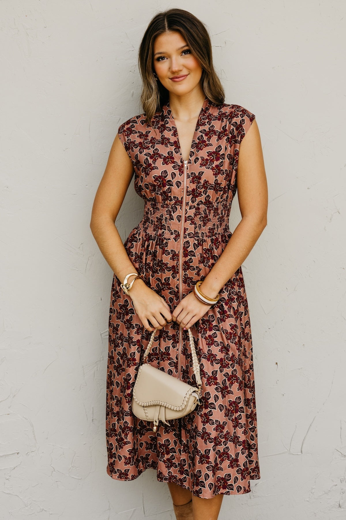 The Elora Floral Zip-Front Midi Dress
