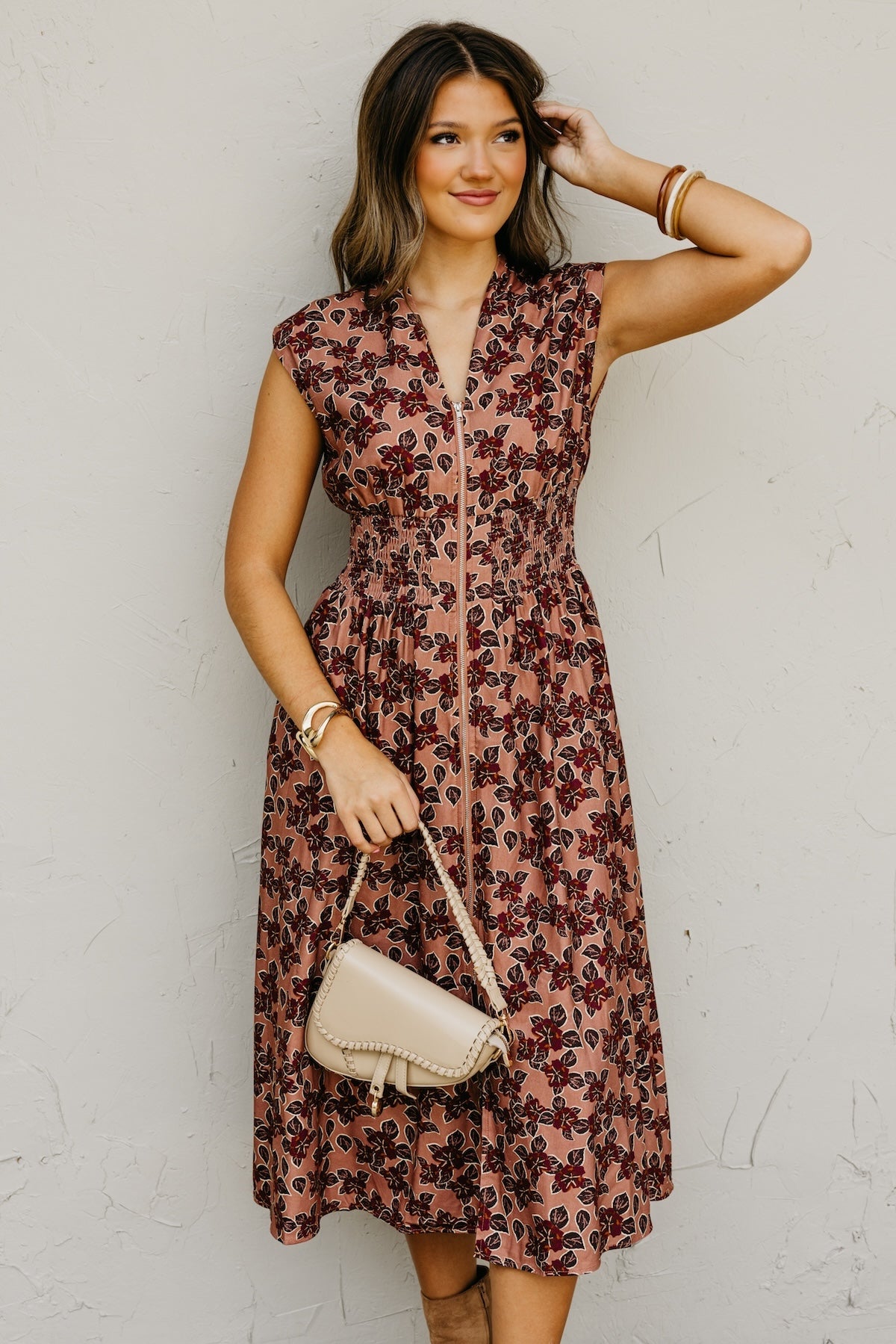 The Elora Floral Zip-Front Midi Dress