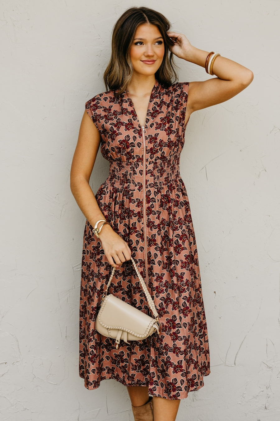 The Elora Floral Zip-Front Midi Dress