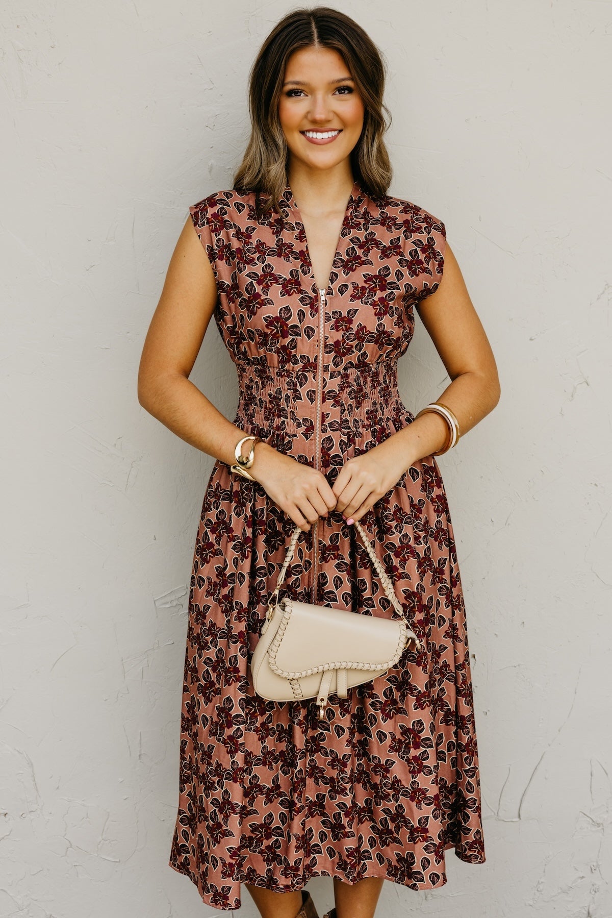 The Elora Floral Zip-Front Midi Dress