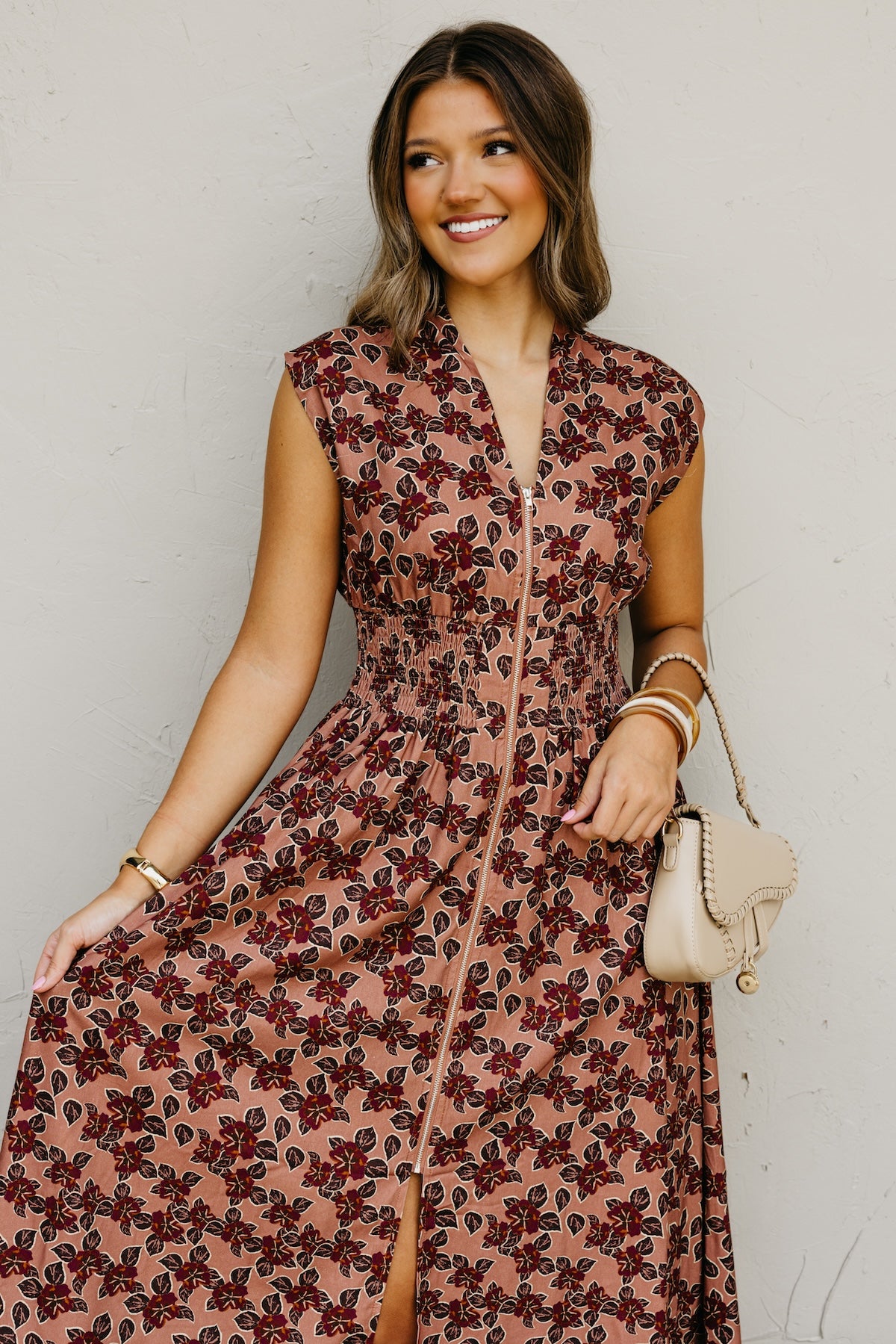The Elora Floral Zip-Front Midi Dress