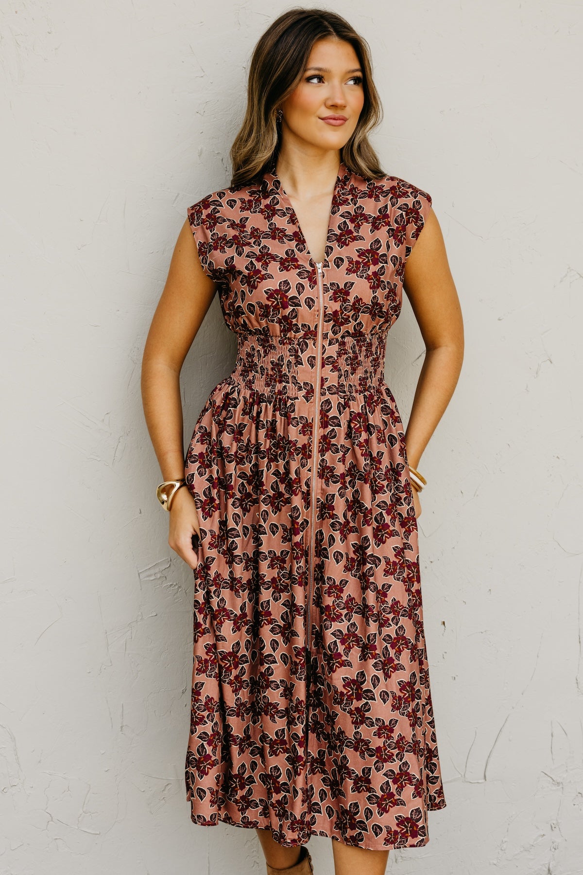 The Elora Floral Zip-Front Midi Dress
