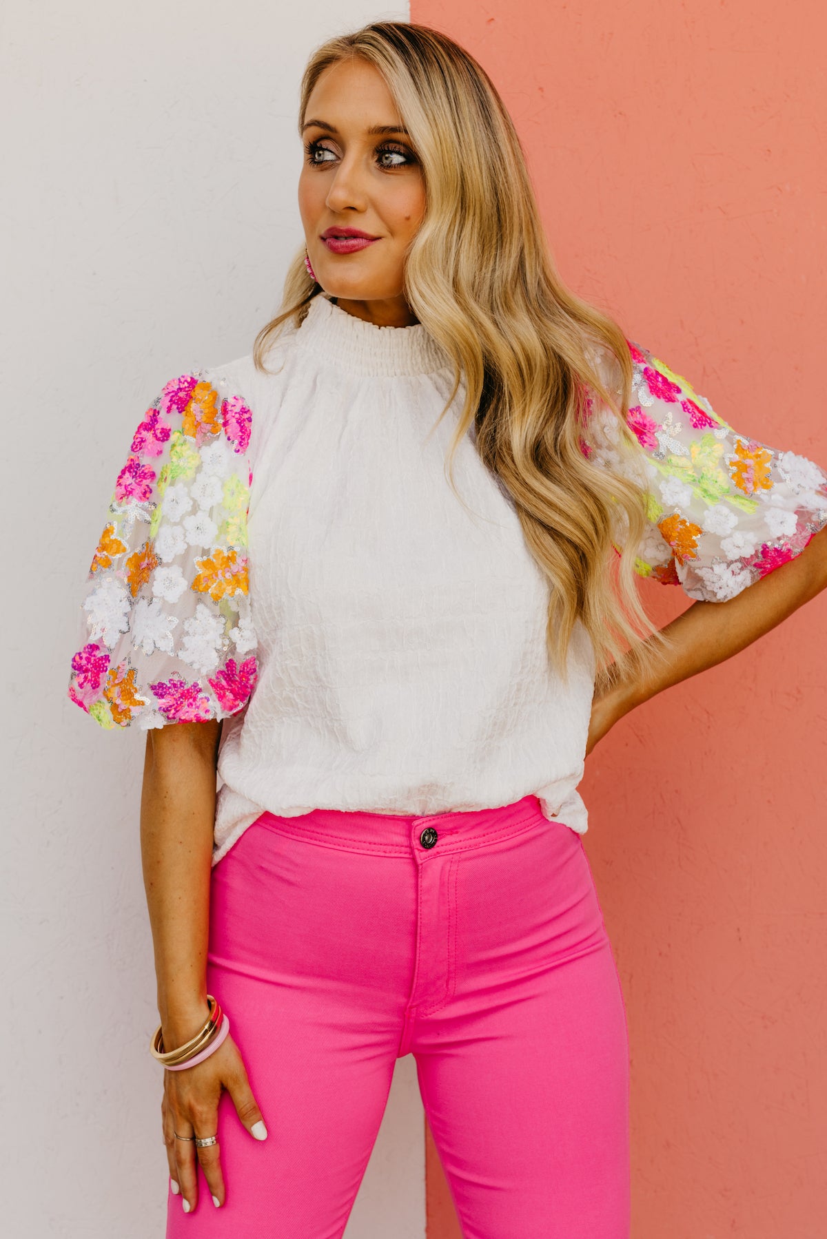 The Debbie Floral Sequin Puff Sleeve Top
