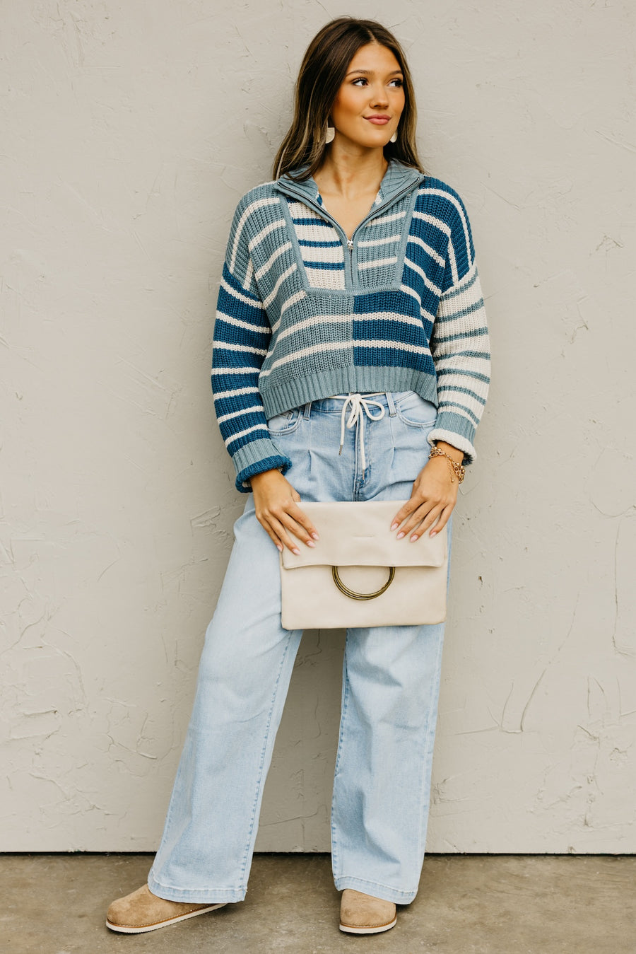 The Mallory Quarter Zip Stripe Sweater