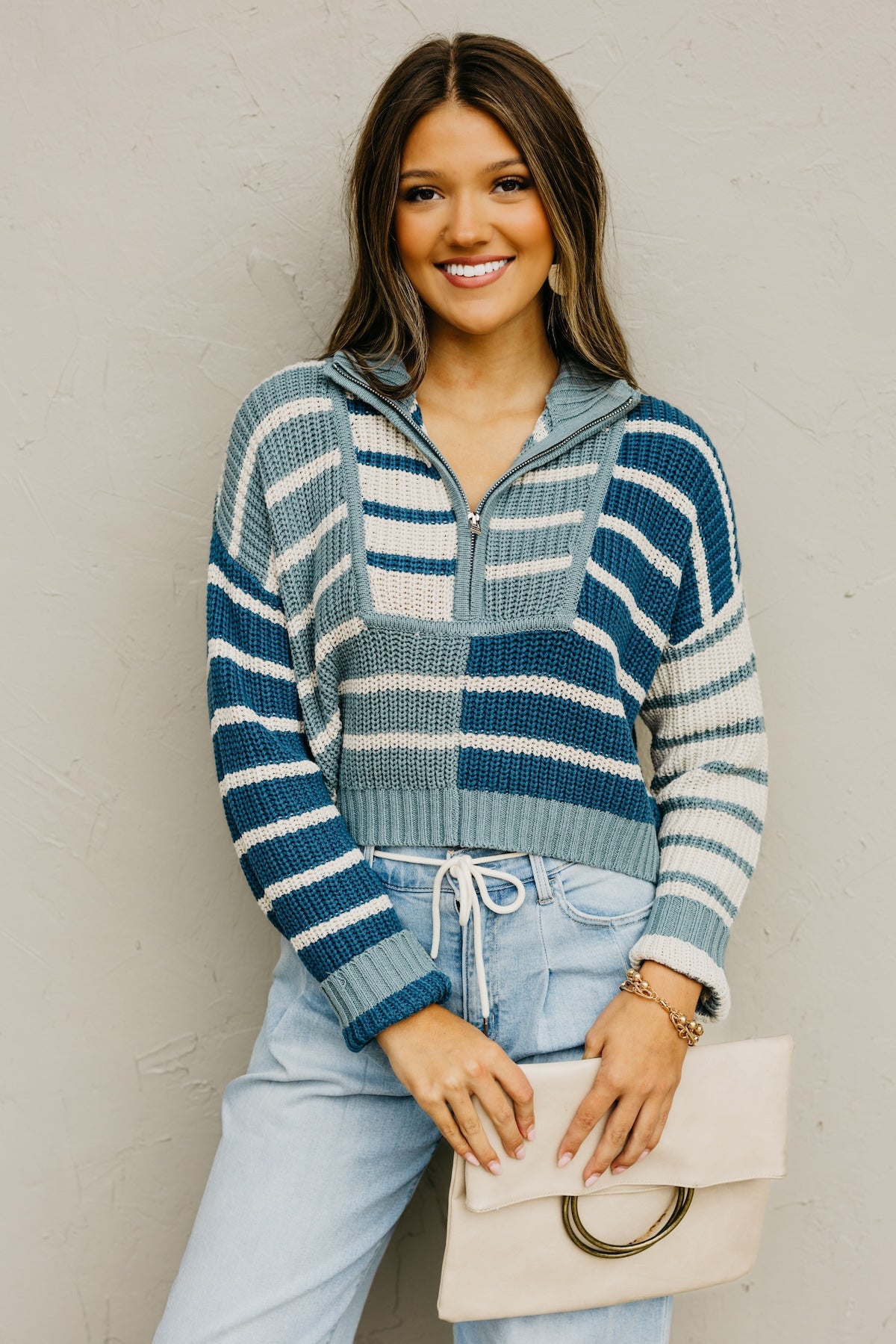 The Mallory Quarter Zip Stripe Sweater