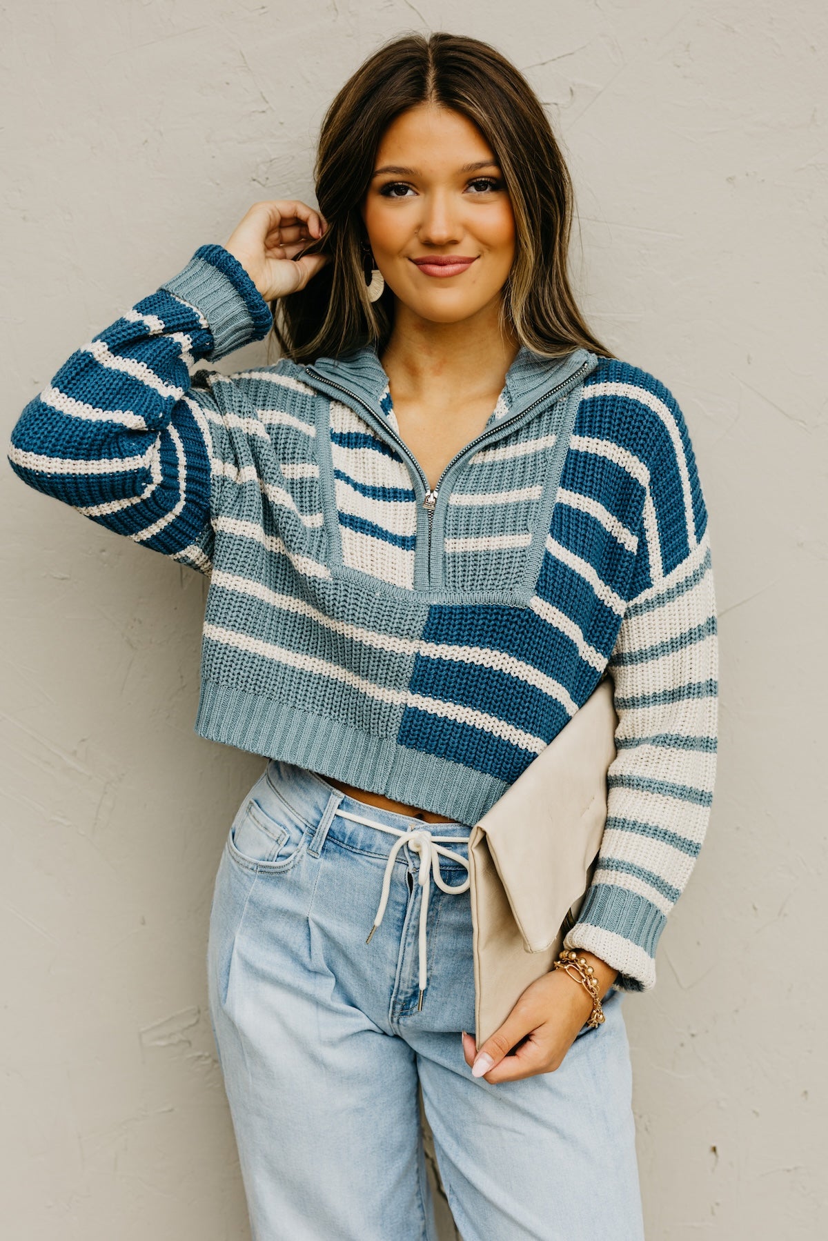 The Mallory Quarter Zip Stripe Sweater