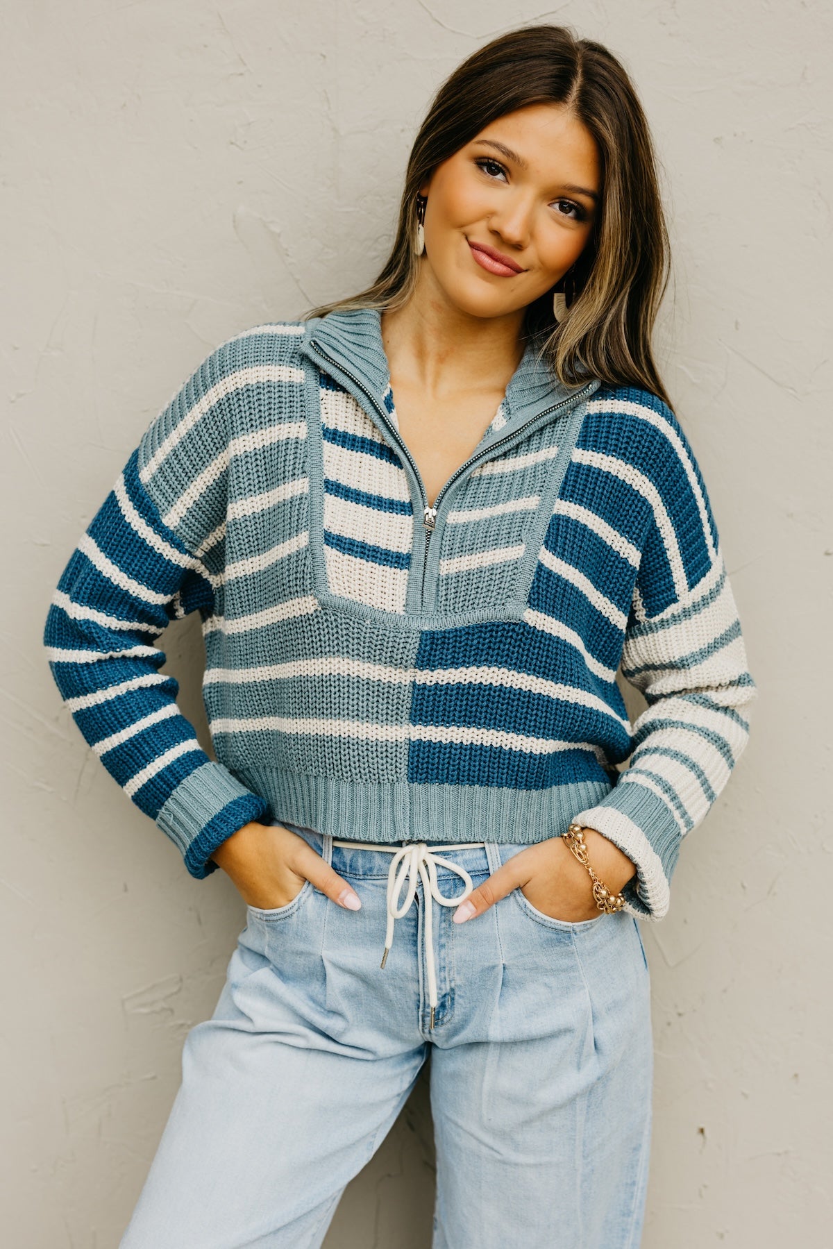 The Mallory Quarter Zip Stripe Sweater