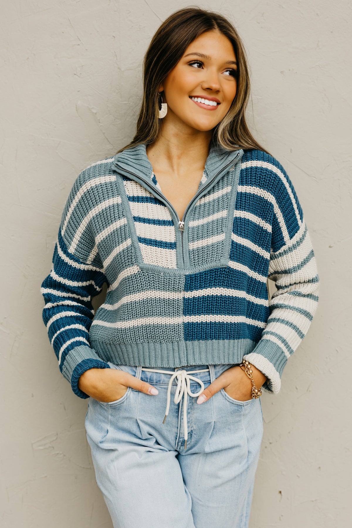The Mallory Quarter Zip Stripe Sweater