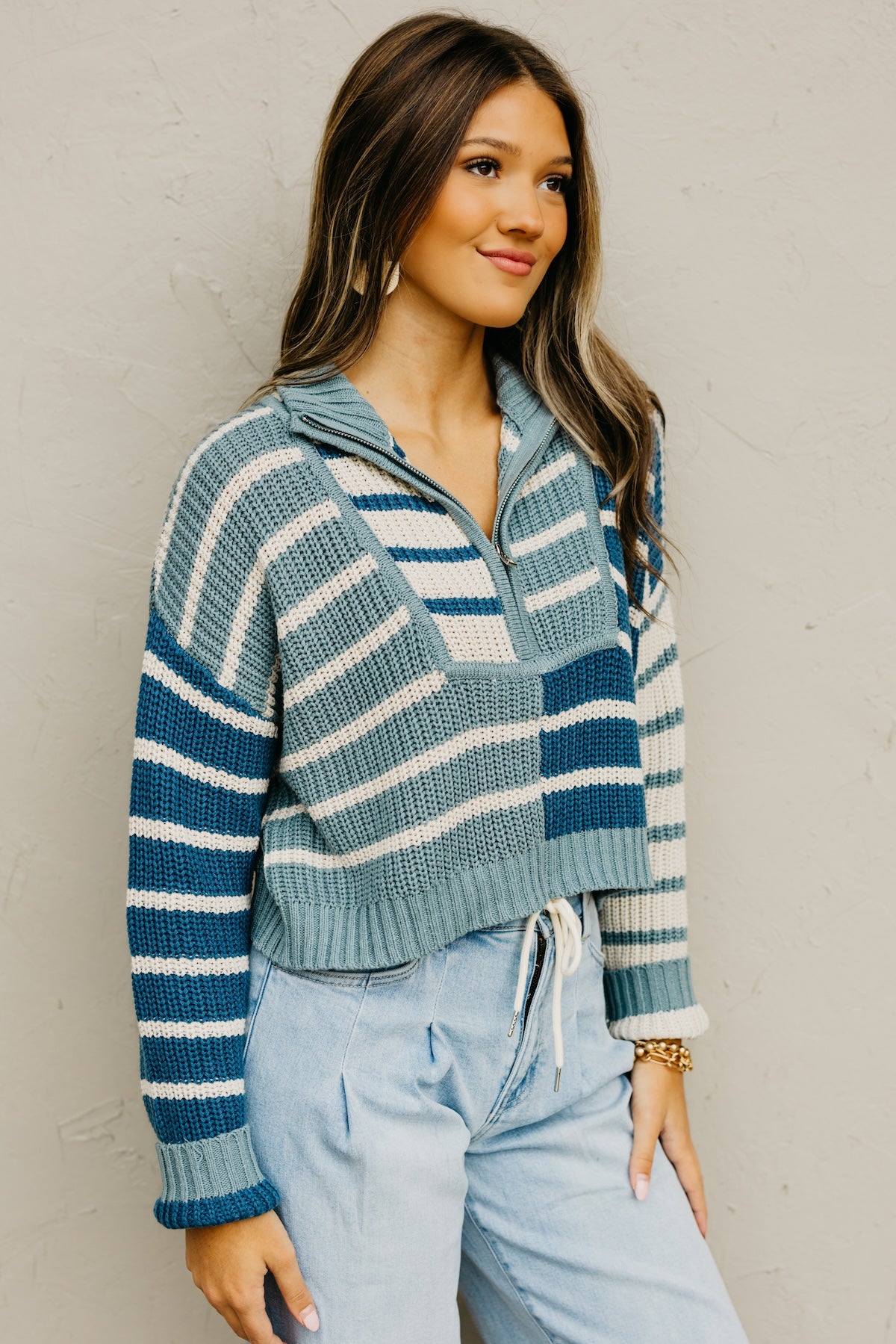 The Mallory Quarter Zip Stripe Sweater