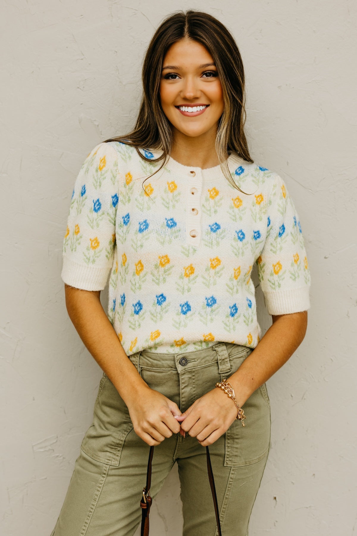 The Olivia Floral Motif Henley Sweater