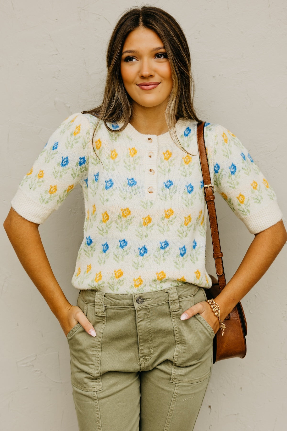 The Olivia Floral Motif Henley Sweater
