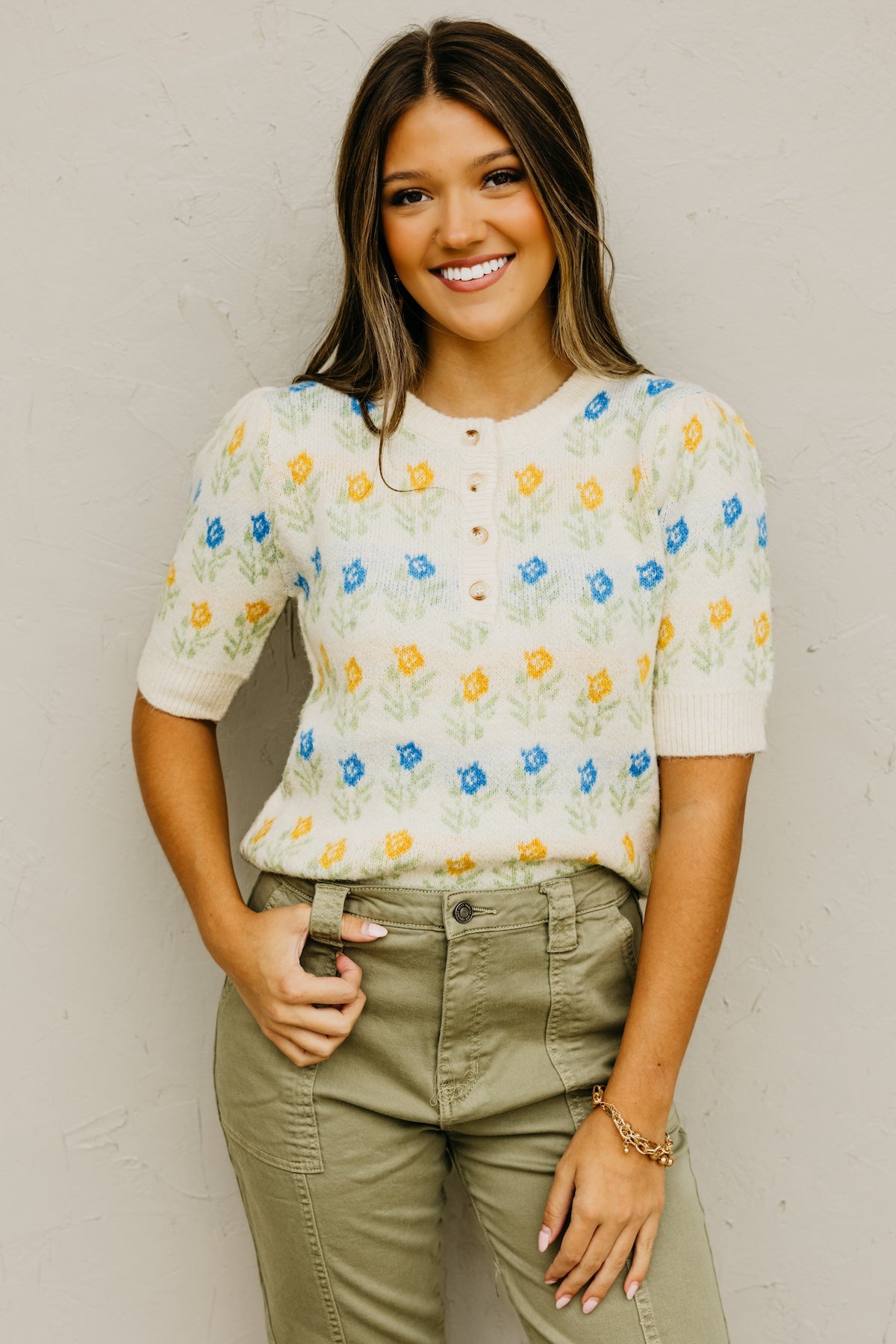 The Olivia Floral Motif Henley Sweater