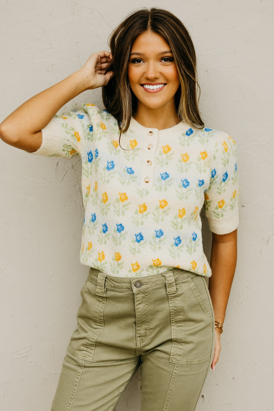 The Olivia Floral Motif Henley Sweater