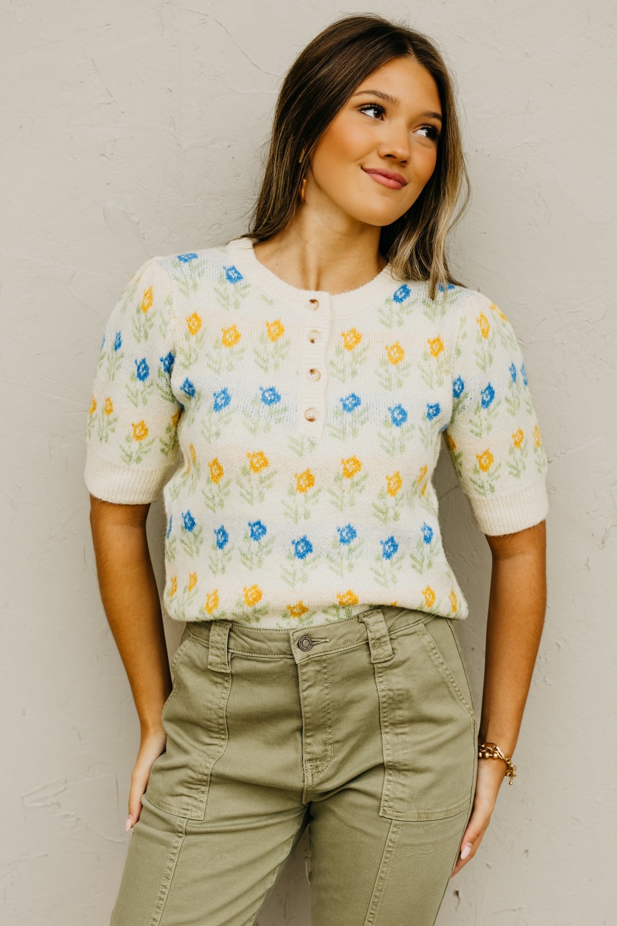 The Olivia Floral Motif Henley Sweater