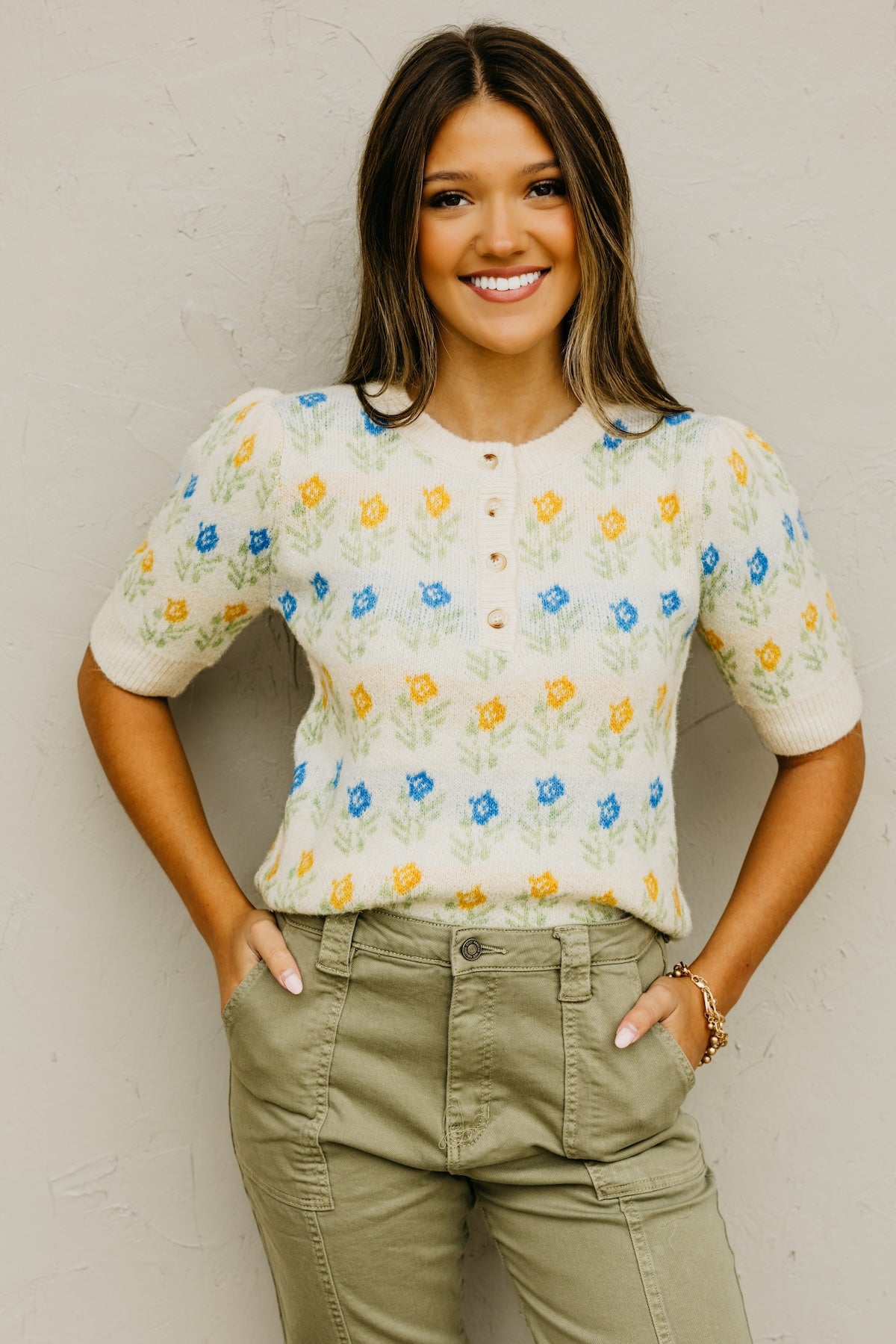 The Olivia Floral Motif Henley Sweater