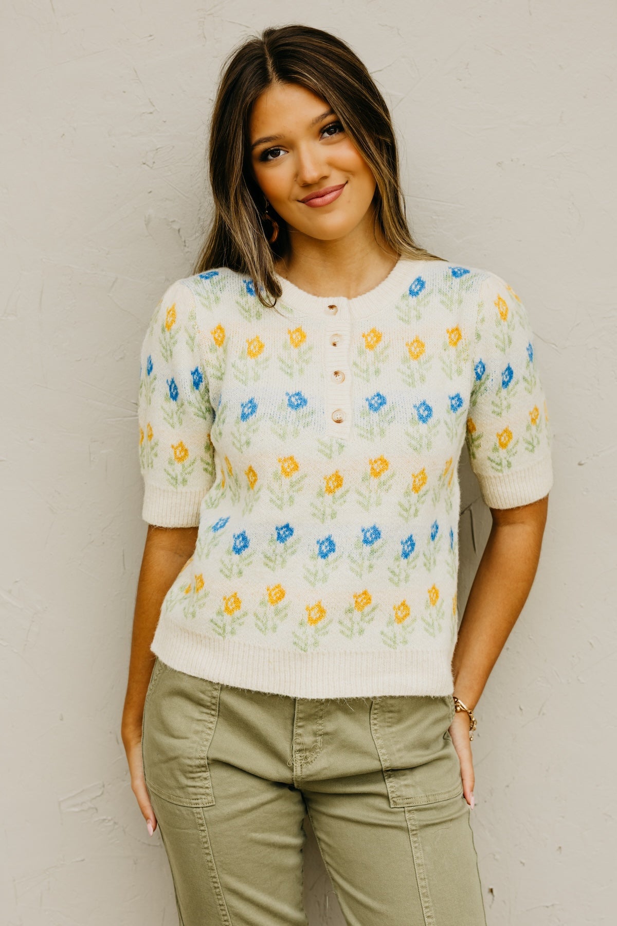 The Olivia Floral Motif Henley Sweater