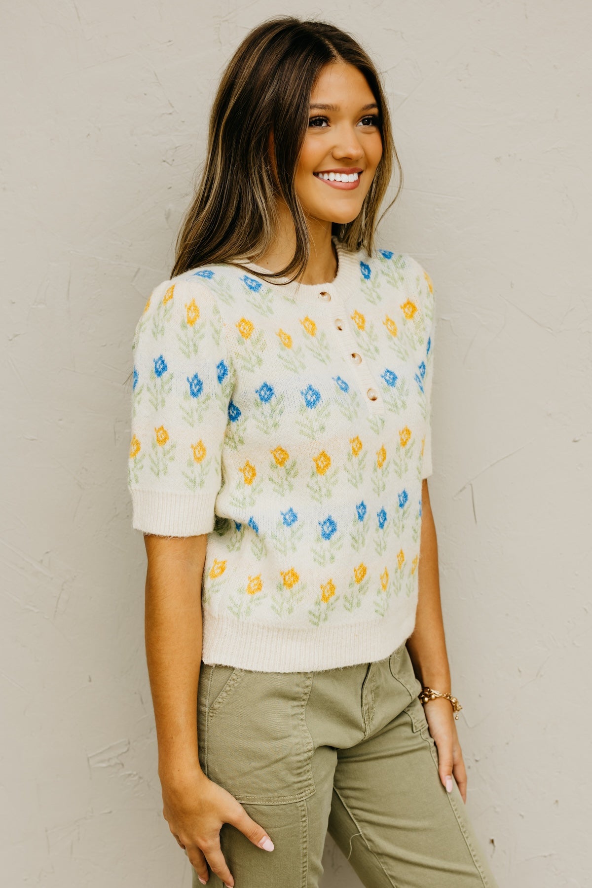 The Olivia Floral Motif Henley Sweater