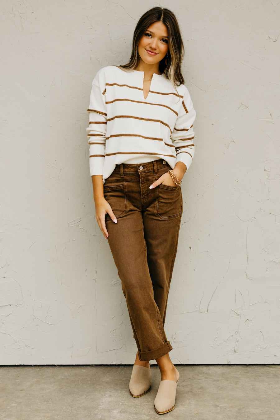 The Rita Striped Notched V Neckline Sweater