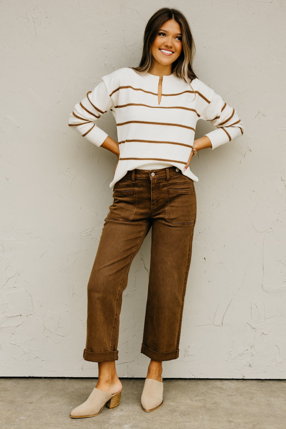 The Rita Striped Notched V Neckline Sweater