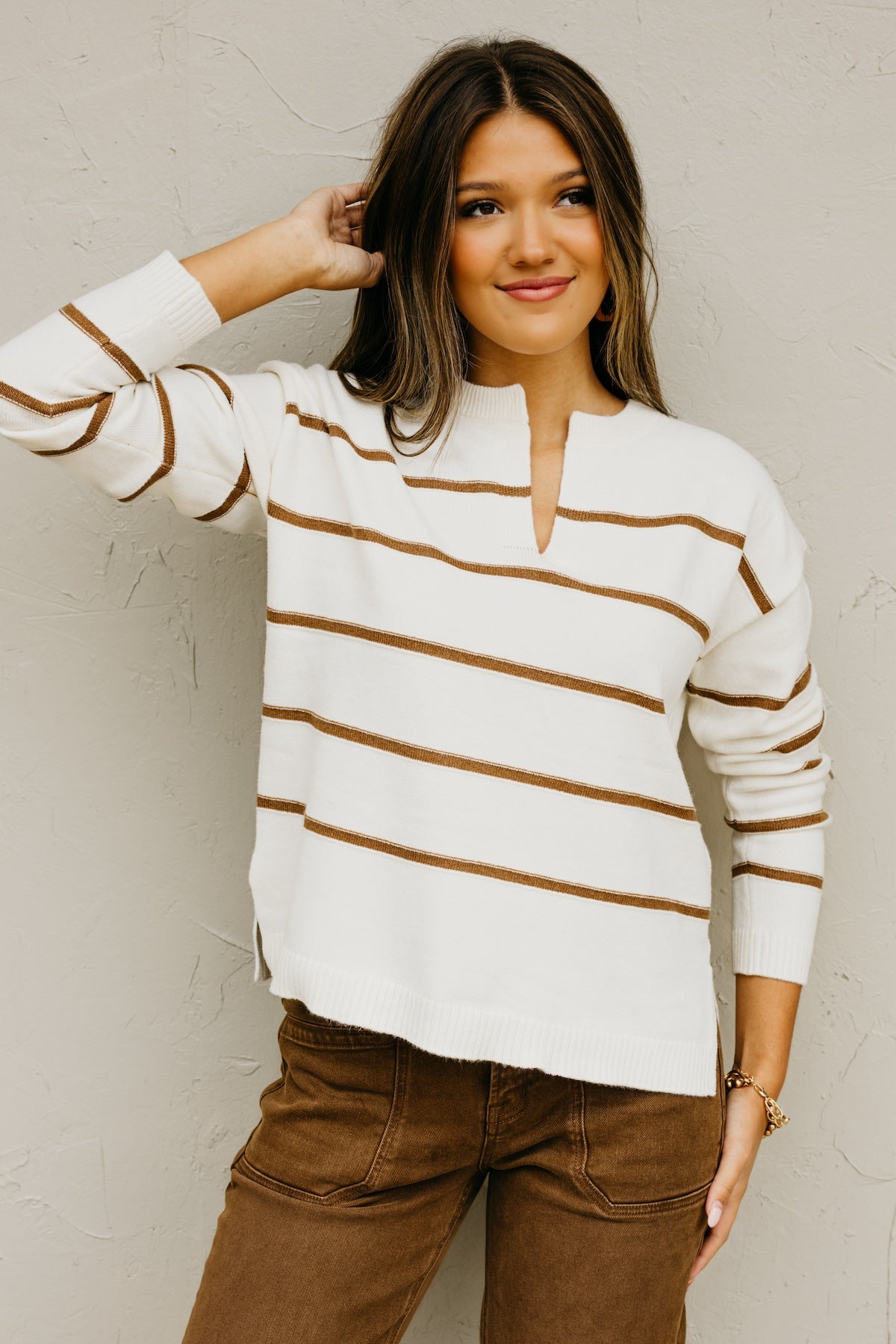 The Rita Striped Notched V Neckline Sweater