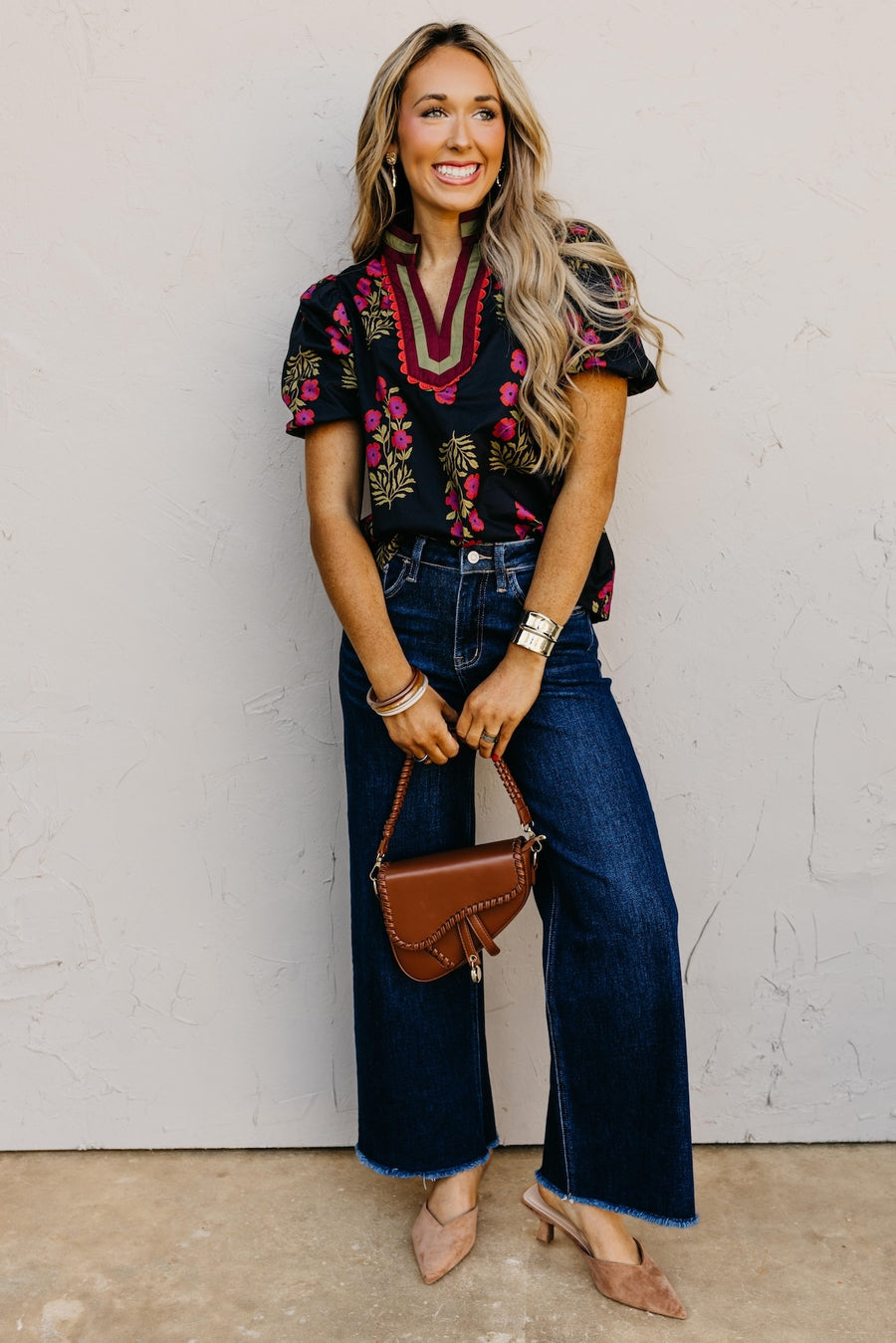 The Savy Floral Bubble Sleeve Woven Top