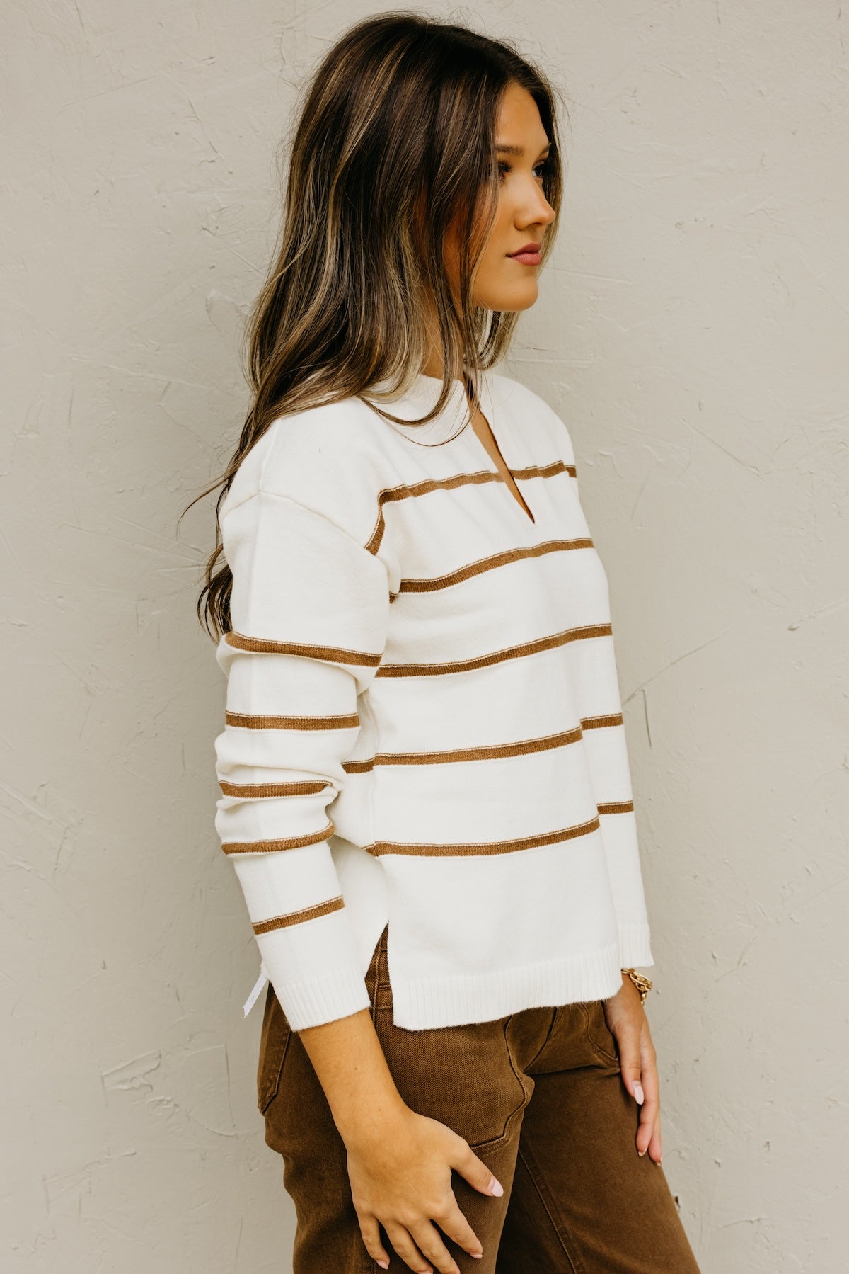 The Rita Striped Notched V Neckline Sweater