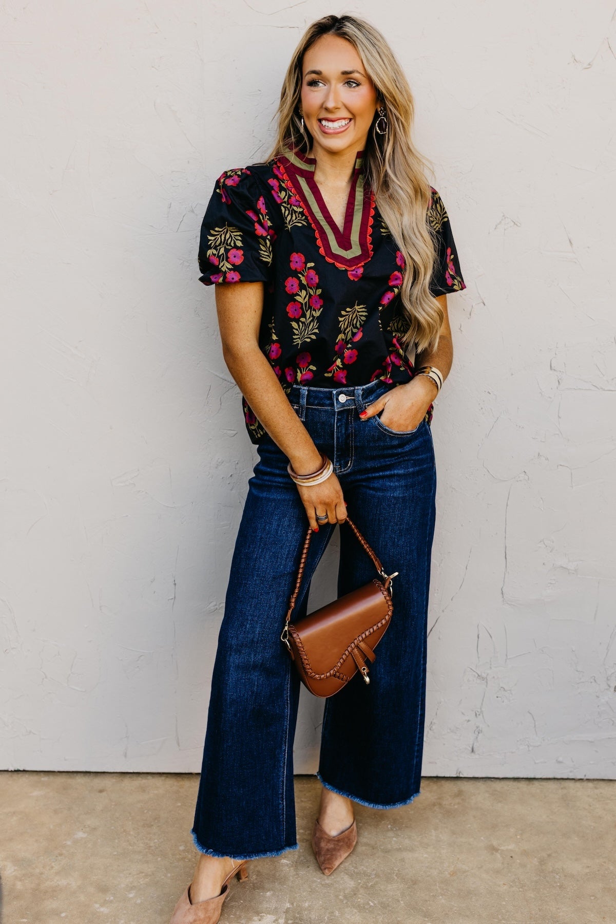 The Savy Floral Bubble Sleeve Woven Top