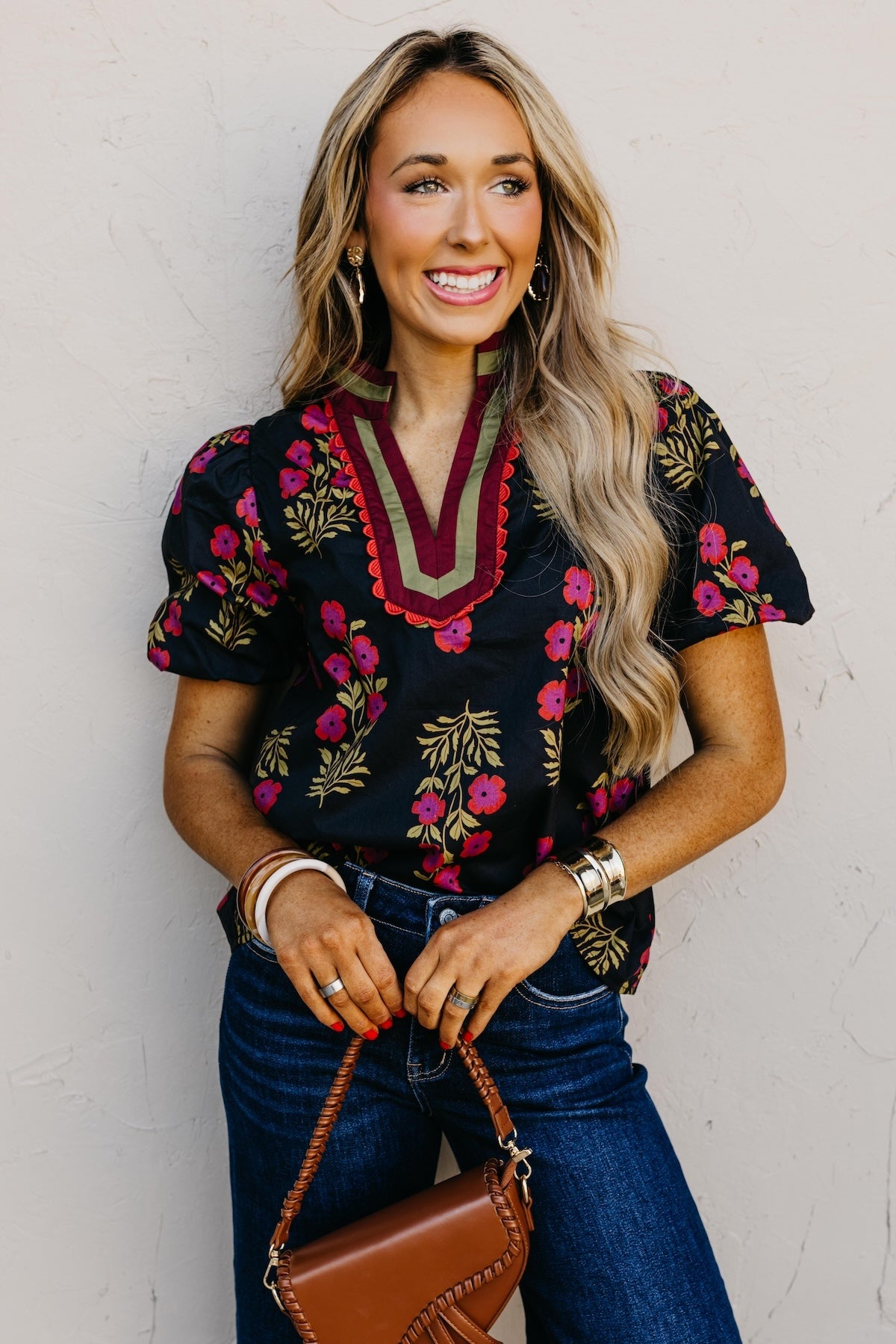 The Savy Floral Bubble Sleeve Woven Top