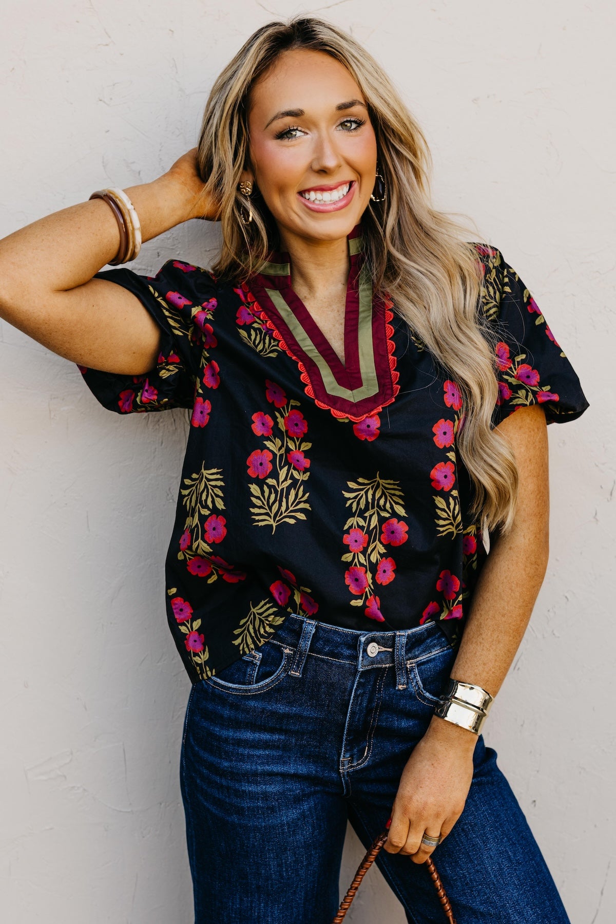 The Savy Floral Bubble Sleeve Woven Top