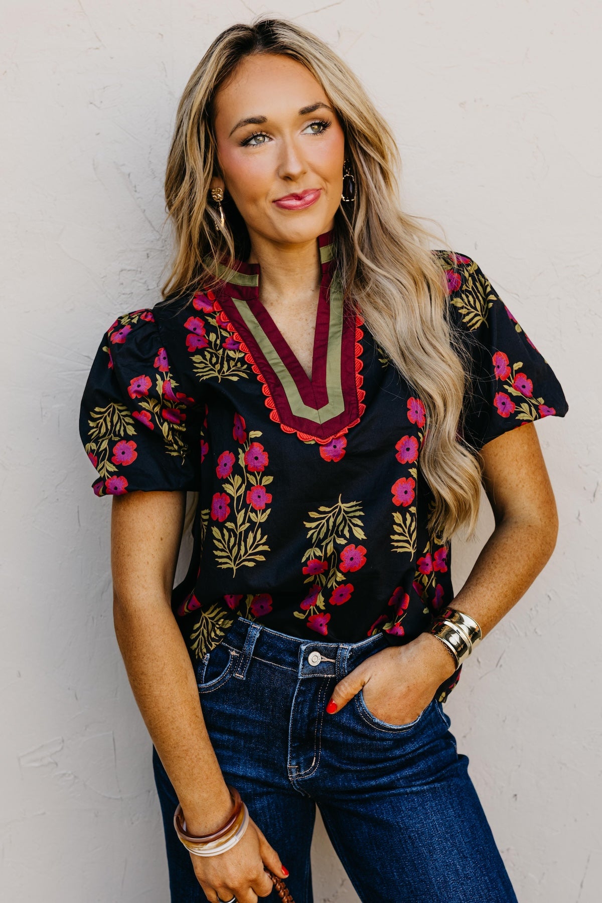 The Savy Floral Bubble Sleeve Woven Top