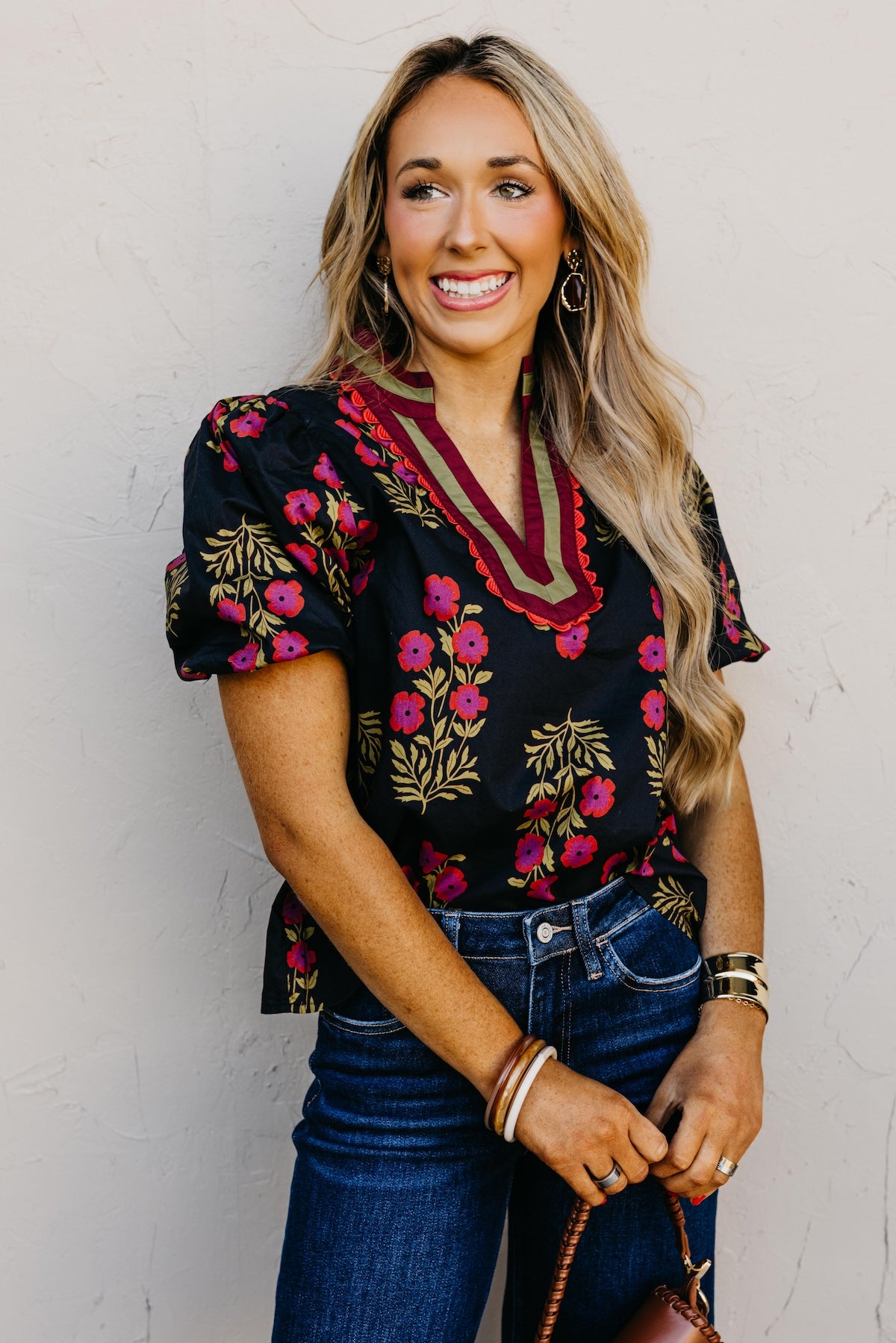 The Savy Floral Bubble Sleeve Woven Top