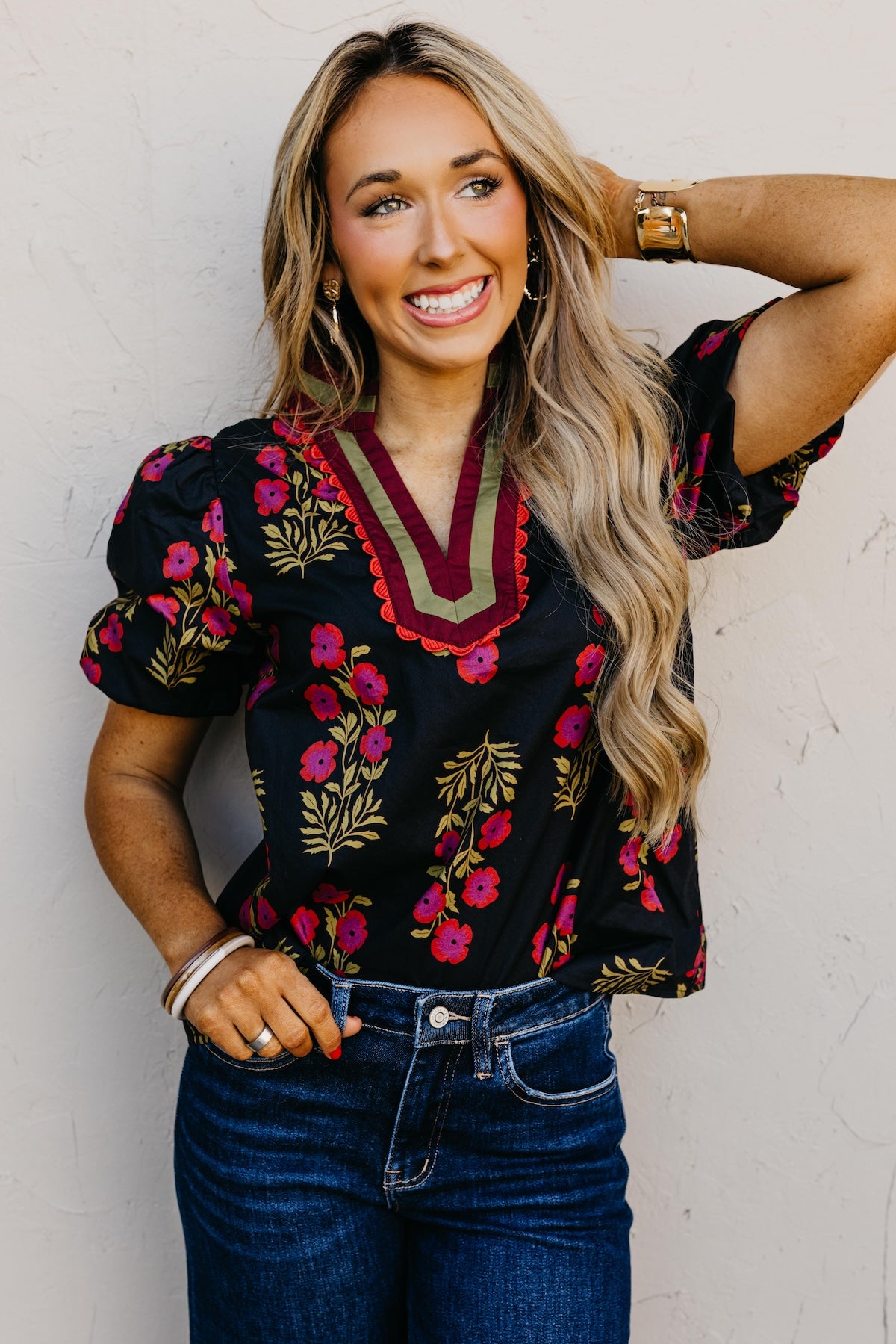 The Savy Floral Bubble Sleeve Woven Top