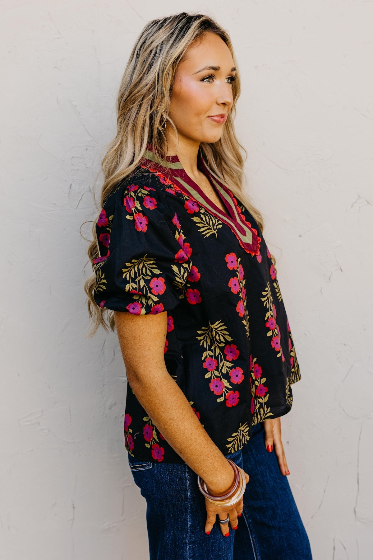 The Savy Floral Bubble Sleeve Woven Top