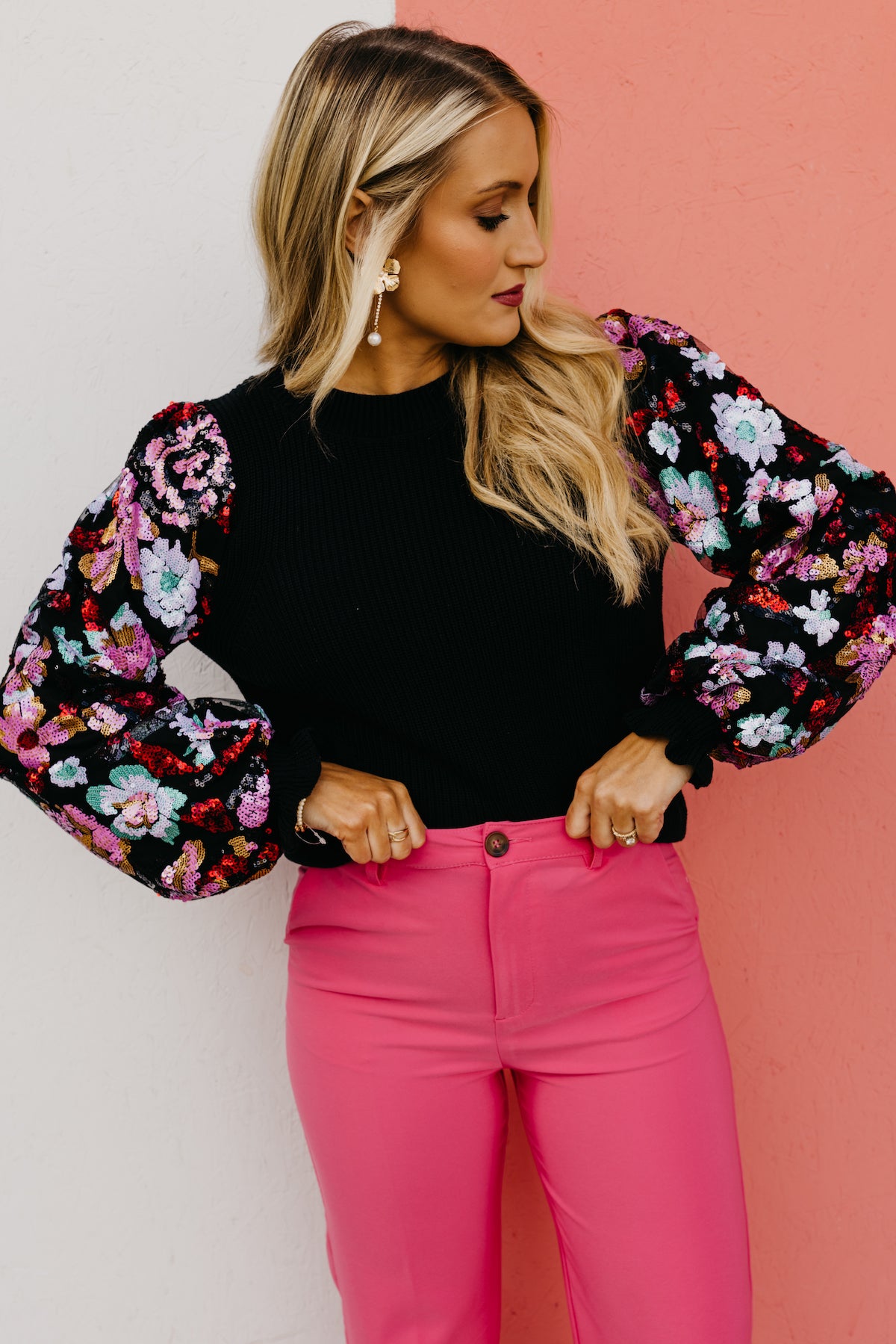 The Adrian Floral Sequin Sleeve Sweater