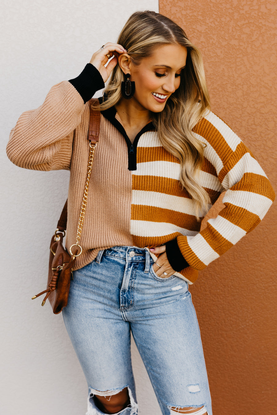 The Emmalynn Striped Quarter Zip Sweater  - FINAL SALE