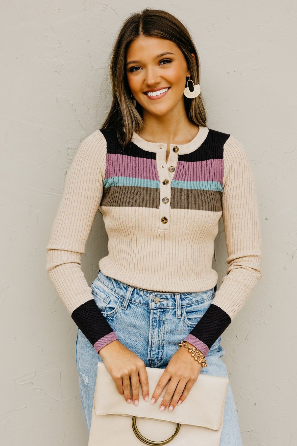 The Ramona Rib Striped Henley Sweater