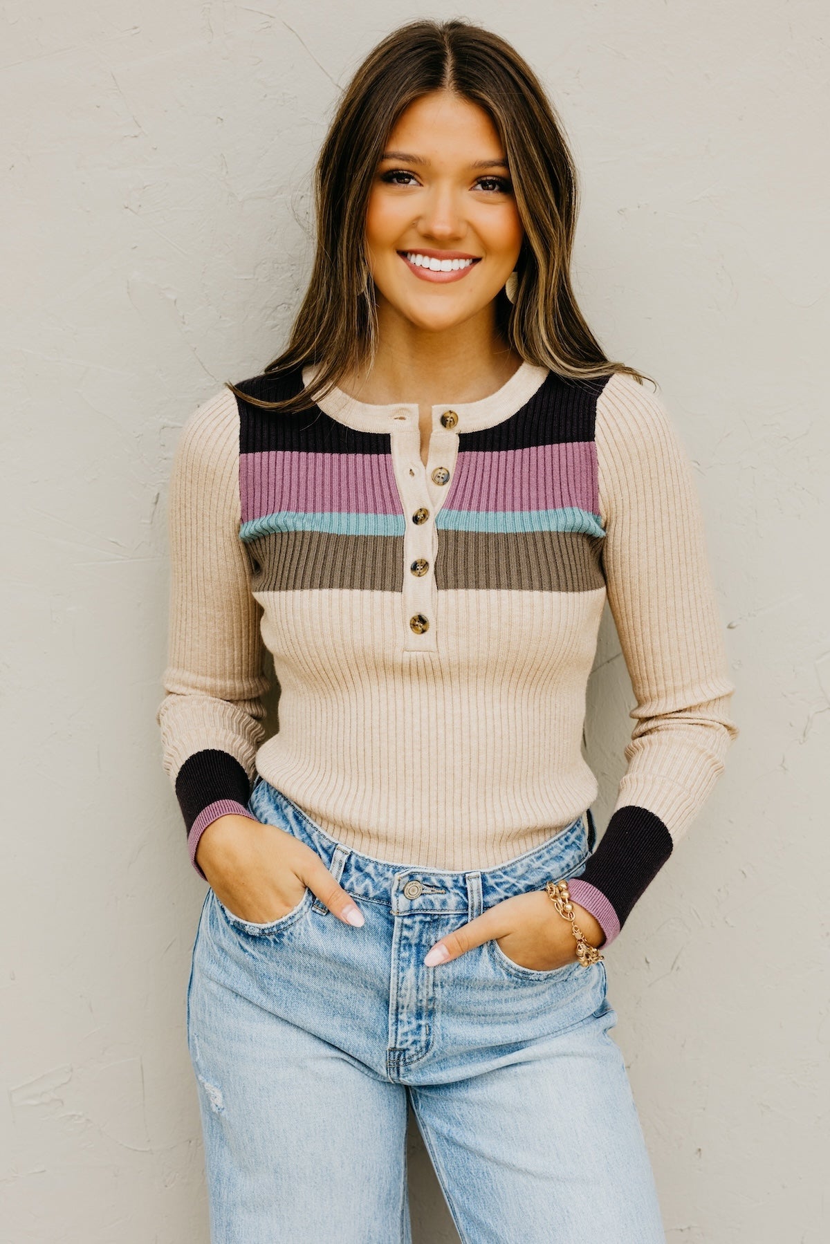 The Ramona Rib Striped Henley Sweater