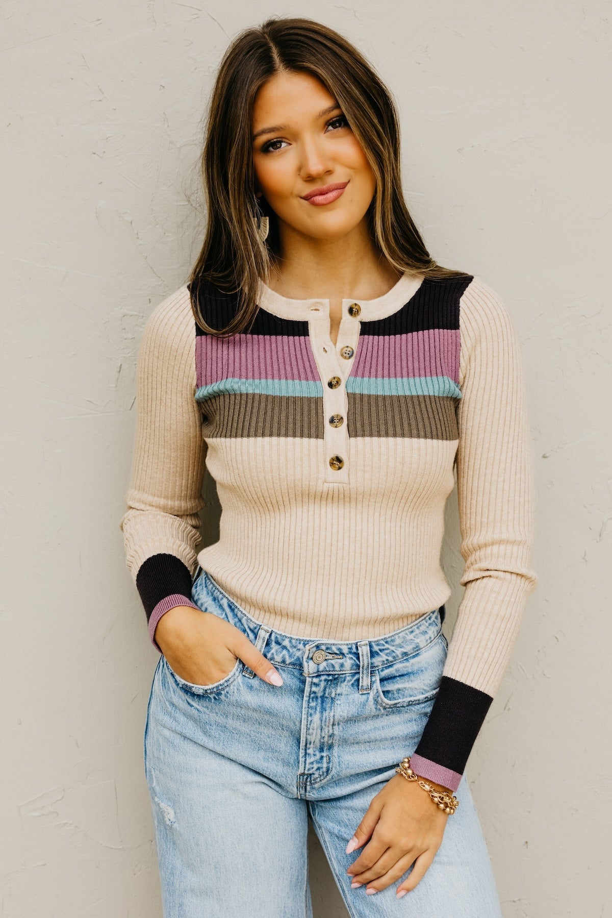 The Ramona Rib Striped Henley Sweater