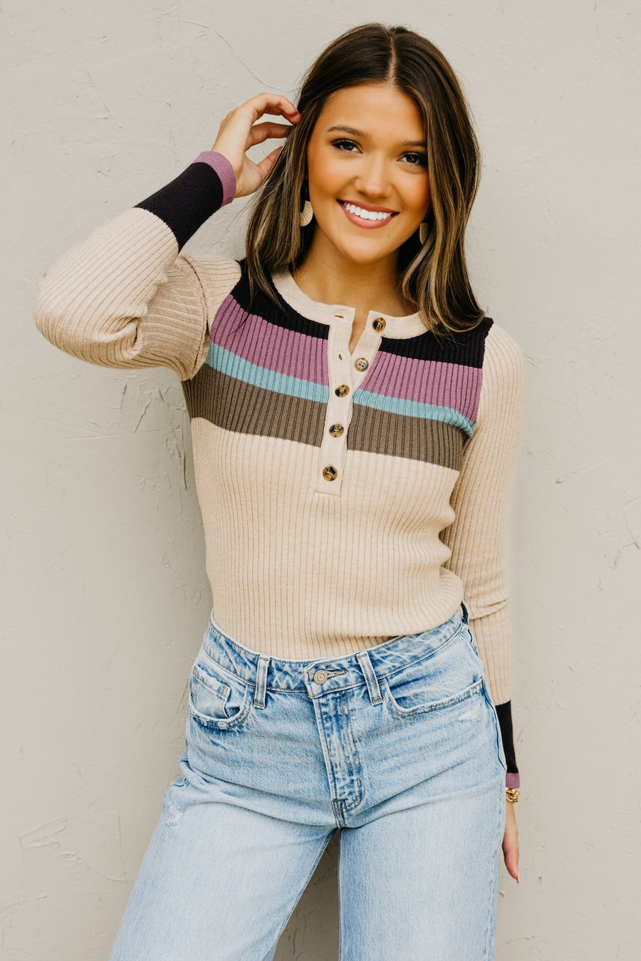 The Ramona Rib Striped Henley Sweater