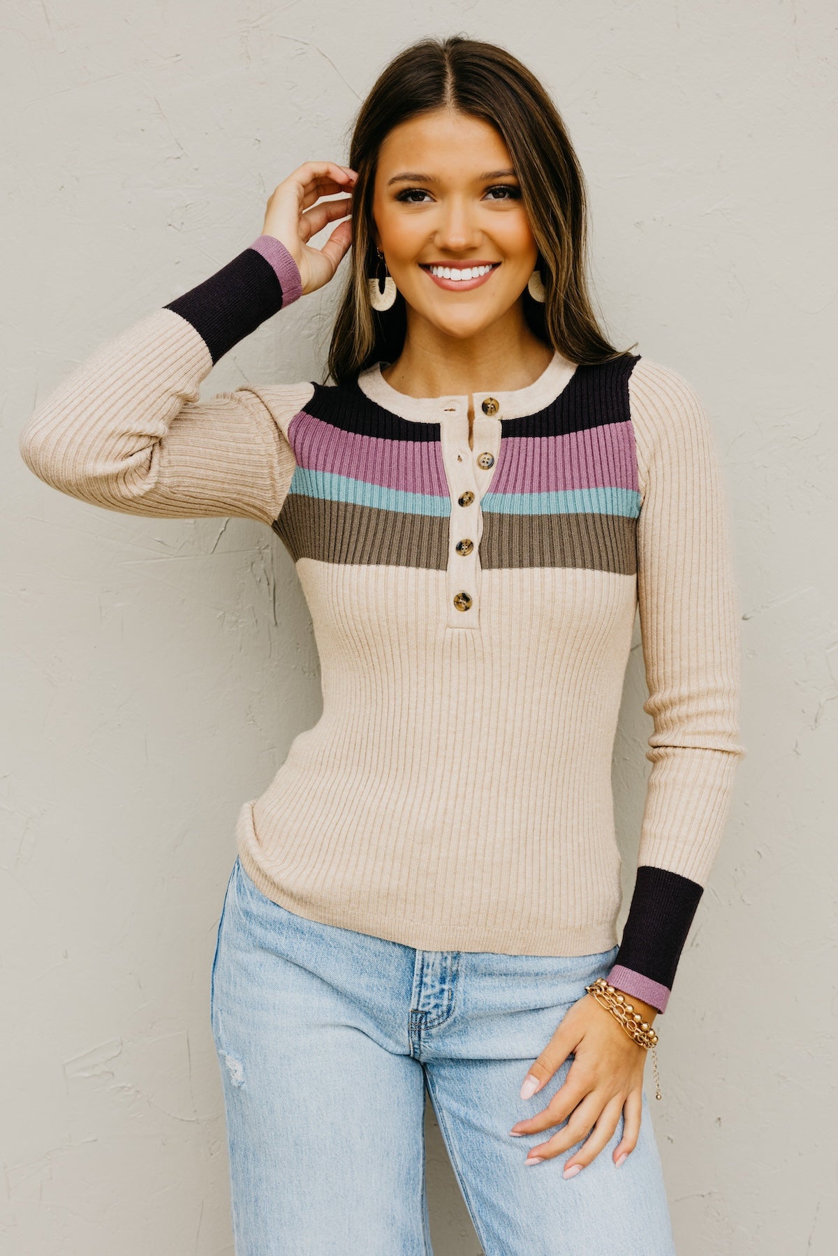 The Ramona Rib Striped Henley Sweater