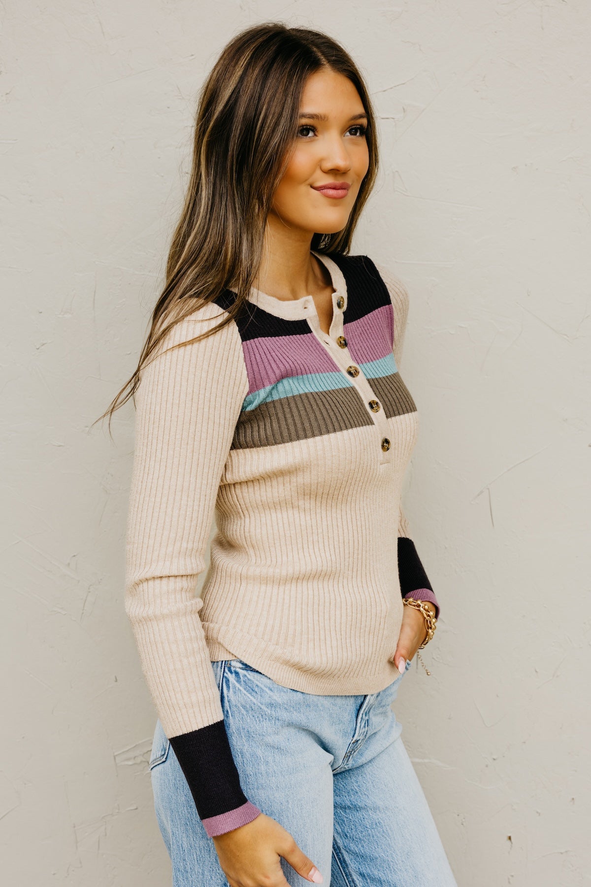 The Ramona Rib Striped Henley Sweater
