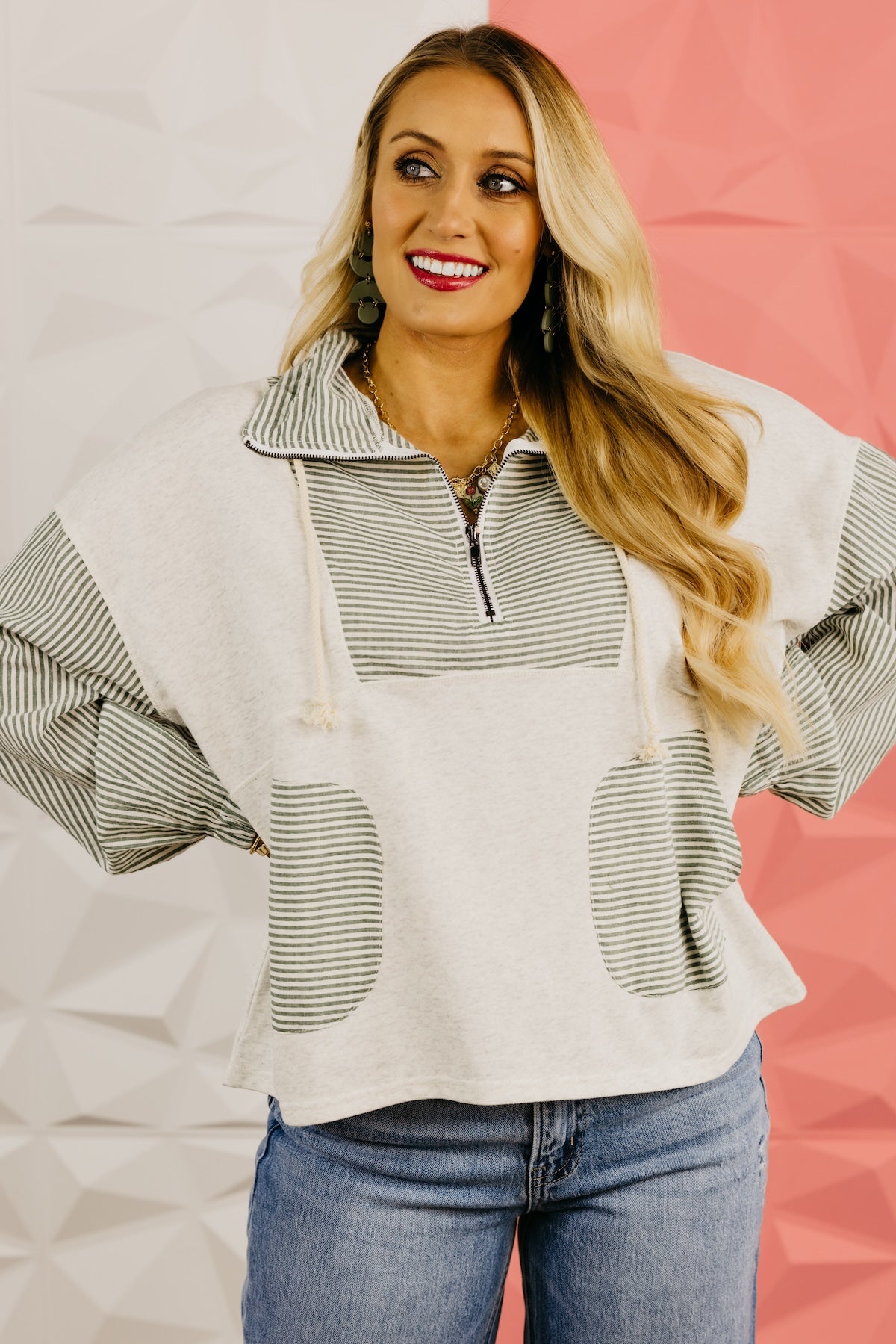 The Alexia Striped Quarter Zip Mix Media Top