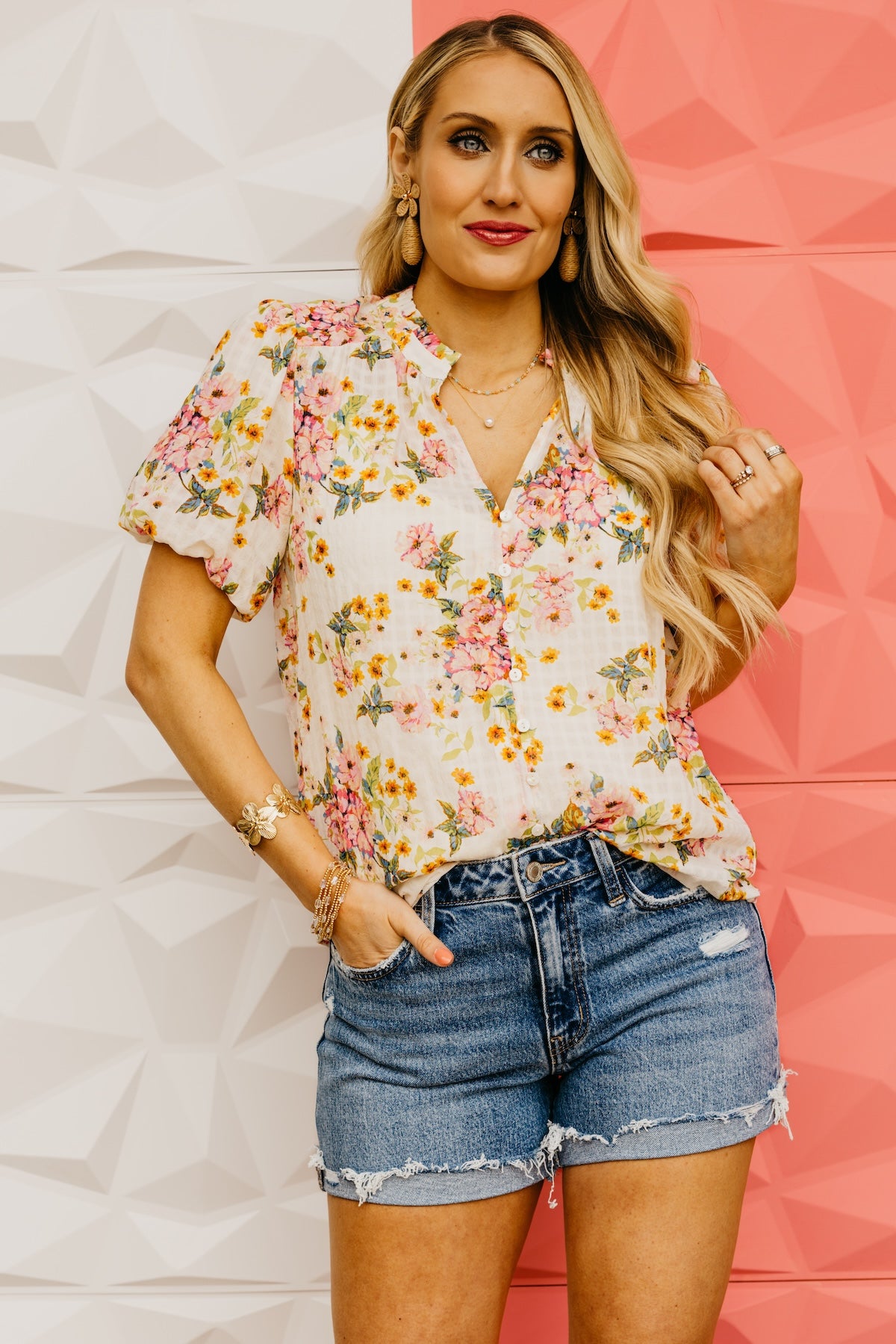 LoveStitch | The Cara Puff Sleeve Floral Button Top