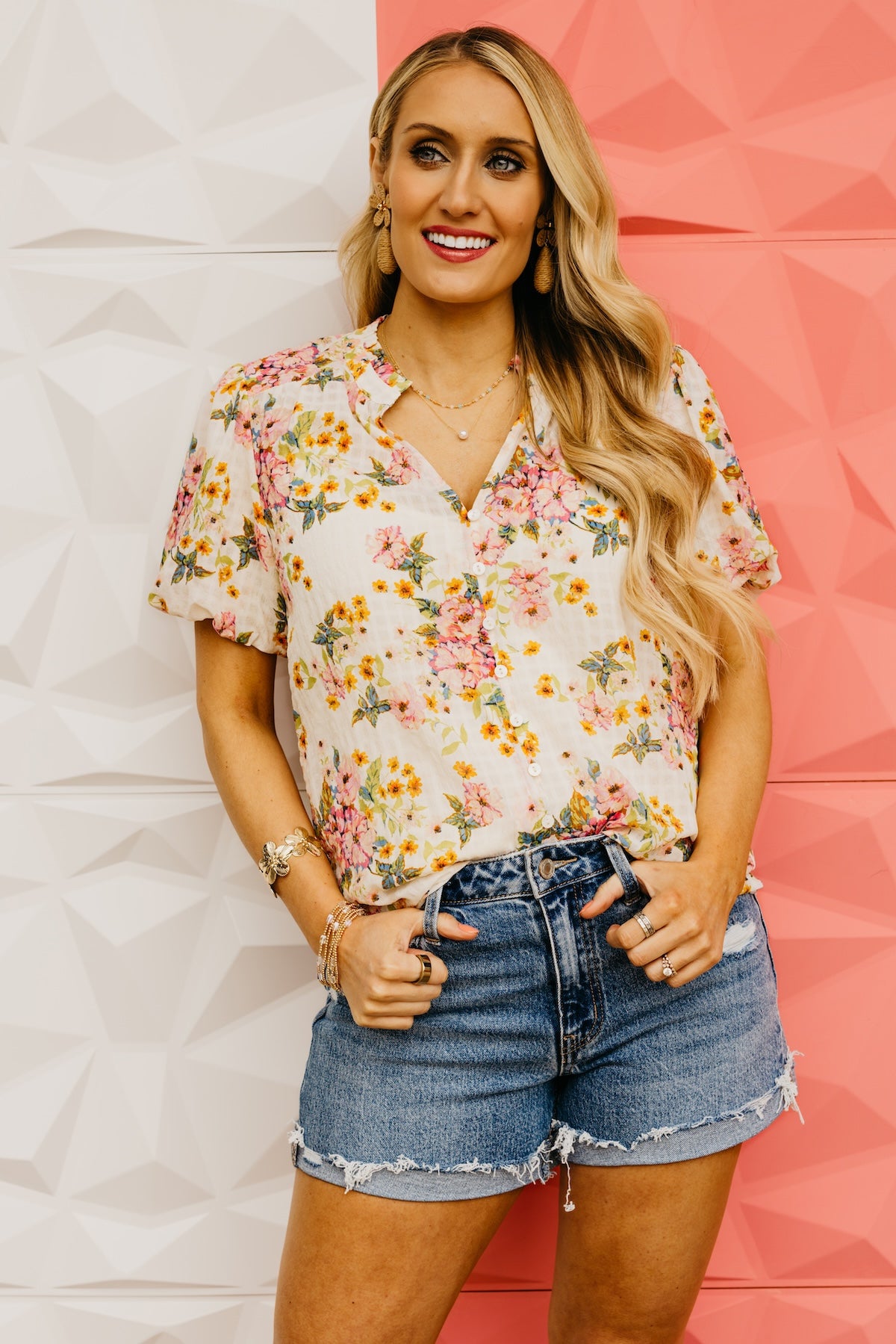 LoveStitch | The Cara Puff Sleeve Floral Button Top