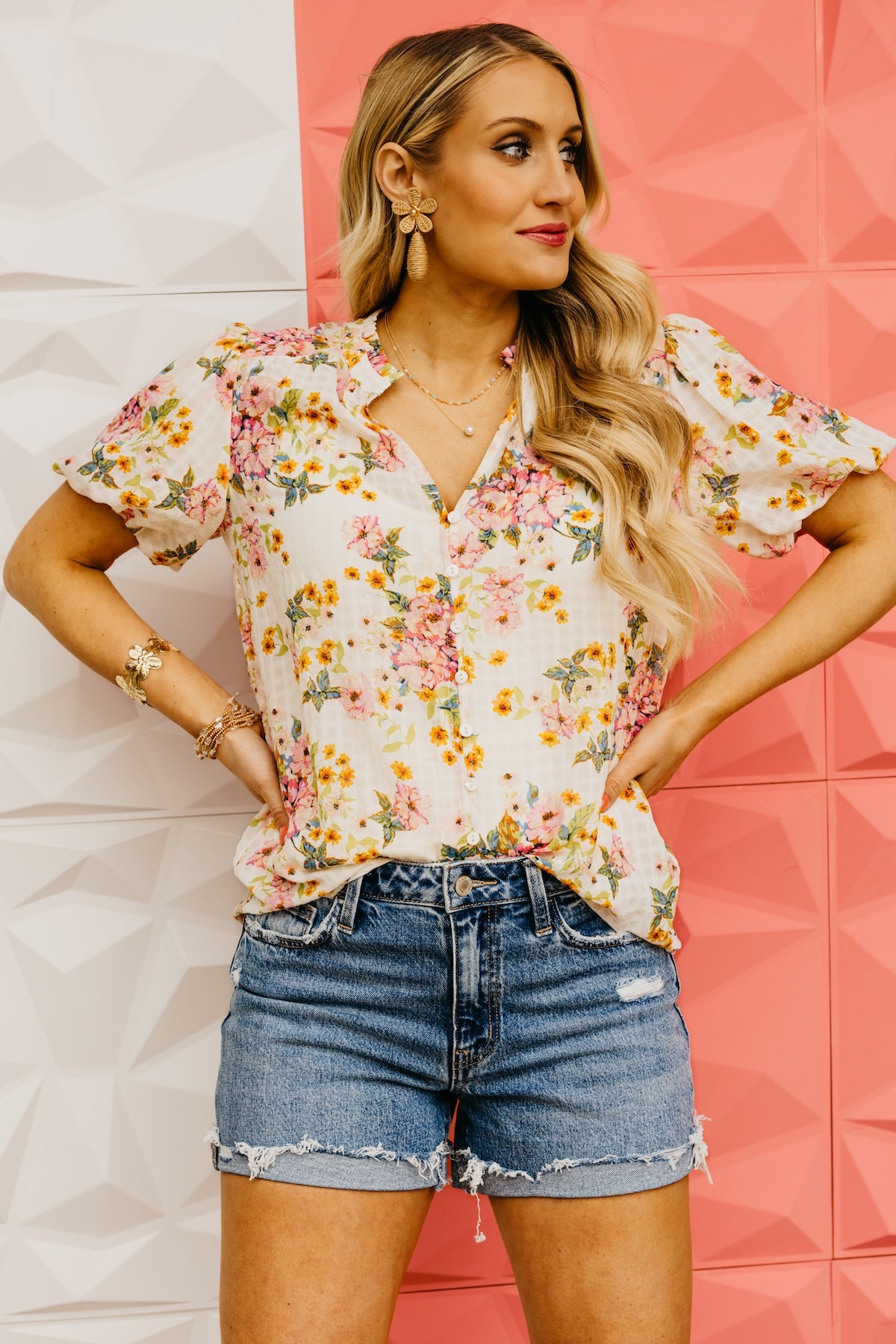 LoveStitch | The Cara Puff Sleeve Floral Button Top