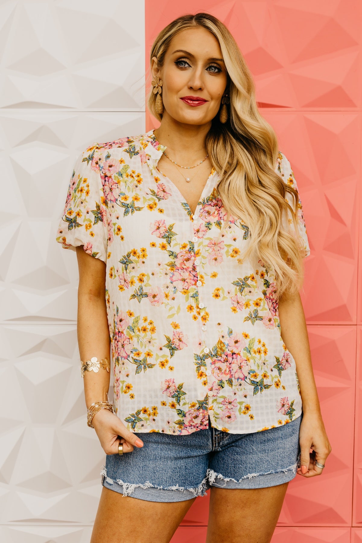 LoveStitch | The Cara Puff Sleeve Floral Button Top