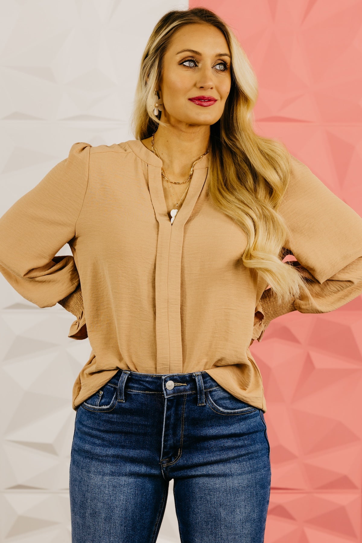 The Lillian V-Neck Cinch Sleeve Blouse